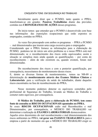 CINQUENTA TONS EM SEGURANÇA NO TRABALHO
45
Inicialmente quero dizer que o PCMSO, tanto quanto o PPRA,
transformam-se em grandes Passivos Trabalhistas diante das previsões
contidas nos CRONOGRAMAS DE AÇÕES desses programas.
De início temos que entender que o PCMSO é desenvolvido com base
nas informações das exposições ocupacionais que estão expostos os
empregados, contidas no PPRA.
As vezes fico preocupado com ambos os programas – PPRA e PCMSO
– mal dimensionados que trazem uma carga excessiva para o empregador.
Considerando que o PPRA fornece as informações para a elaboração do
PCMSO, podemos ter de início um sério problema se o nosso PPRA está mal
dimensionado; se o reconhecimento dos riscos estão equivocados; assim a
situação se complica mais ainda quando as quantificações – por conta do
reconhecimento – além de não existirem ou, quando existem, foram mal
dimensionadas.
Do reconhecimento dos riscos e com a posterior quantificação, por
consequência, necessitamos do monitoramento desses riscos.
E, dentre as diversas formas de monitoramentos, temos na NR-09 a
determinação do monitoramento através dos Exames Médicos Clínicos e
Laboratoriais para a verificação da saúde do trabalhador, diante daqueles
riscos encontrados na fase de reconhecimento do PPRA.
Nesse momento podemos detectar os equívocos cometidos pelo
profissional de Segurança do Trabalho, levando ao Médico do Trabalho a
cometer outro equivoco, por consequência.
O Médico do Trabalho, para a elaboração do PCMSO, tem como
fonte de consulta os RISCOS OCUPACIONAIS apontados no PPRA.
Se esses RISCOS OCUPACIONAIS estão mal Reconhecidos e mal
Dimensionados, por consequência, o MÉDICO DO TRABALHO vai
determinar a realização de EXAMES LABORATORIAIS desnecessários.
Aqueles erros decorrentes do mal reconhecimento e mal dimensionamento dos
riscos ambientais no PPRA, vai gerar um PASSIVO TRABALHISTA para a
empresa a partir do momento em que o MÉDICO DO TRABALHO exigir os
 