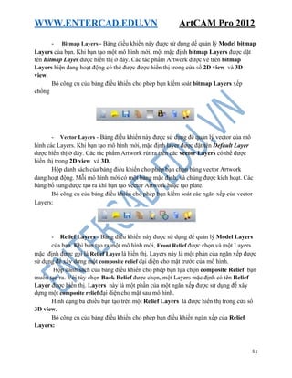 WWW.ENTERCAD.EDU.VN ArtCAM Pro 2012
51
- Bitmap Layers - Bảng điều khiển này được sử dụng để quản lý Model bitmap
Layers của bạn. Khi bạn tạo một mô hình mới, một mặc định bitmap Layers được đặt
tên Bitmap Layer được hiển thị ở đây. Các tác phẩm Artwork được vẽ trên bitmap
Layers hiện đang hoạt động có thể được được hiển thị trong cửa sổ 2D view và 3D
view.
Bộ công cụ của bảng điều khiển cho phép bạn kiểm soát bitmap Layers xếp
chồng
- Vector Layers - Bảng điều khiển này được sử dụng để quản lý vector của mô
hình các Layers. Khi bạn tạo mô hình mới, mặc định layer được đặt tên Default Layer
được hiển thị ở đây. Các tác phẩm Artwork rút ra trên các vector Layers có thể được
hiển thị trong 2D view và 3D.
Hộp danh sách của bảng điều khiển cho phép bạn chọn bảng vector Artwork
đang hoạt động. Mỗi mô hình mới có một bảng mặc định, và chúng được kích hoạt. Các
bảng bổ sung được tạo ra khi bạn tạo vector Artwork hoặc tạo plate.
Bộ công cụ của bảng điều khiển cho phép bạn kiểm soát các ngăn xếp của vector
Layers:
- Relief Layers - Bảng điều khiển này được sử dụng để quản lý Model Layers
của bạn. Khi bạn tạo ra một mô hình mới, Front Relief được chọn và một Layers
mặc định được gọi là Relief Layer là hiển thị. Layers này là một phần của ngăn xếp được
sử dụng để xây dựng một composite relief đại diện cho mặt trước của mô hình.
Hộp danh sách của bảng điều khiển cho phép bạn lựa chọn composite Relief bạn
muốn tạo ra. Với tùy chọn Back Relief được chọn, một Layers mặc định có tên Relief
Layer được hiển thị. Layers này là một phần của một ngăn xếp được sử dụng để xây
dựng một composite relief đại diện cho mặt sau mô hình.
Hình dạng ba chiều bạn tạo trên một Relief Layers là được hiển thị trong cửa sổ
3D view.
Bộ công cụ của bảng điều khiển cho phép bạn điều khiển ngăn xếp của Relief
Layers:
 