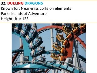 32. DUELING DRAGONS 
Known for: Near-miss collision elements 
Park: Islands of Adventure 
Height (ft.): 125  