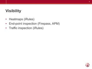 VisibilityHeatmaps (iRules) End-point inspection (Firepass, APM) Traffic inspection (iRules) 