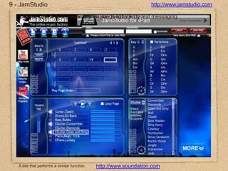 9 - JamStudiohttp://www.jamstudio.comCollect, collate and graphically display feedback by text messaging.Create a mix list of original artist songs to listen to.http://www.soundation.comA site that performs a similar function.