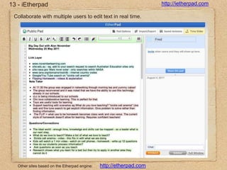 13 - iEtherpadhttp://ietherpad.comCollaborate with multiple users to edit text in real time.http://etherpad.comOther sites based on the Etherpad engine: