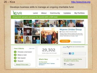 26 – Kivahttp://www.kiva.orgDevelops business skills to manage an ongoing charitable fund.