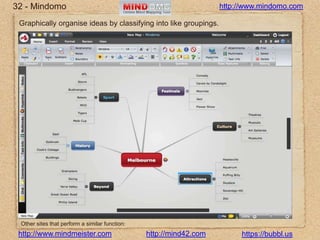 32 - Mindomohttp://www.mindomo.comGraphically organise ideas by classifying into like groupings.Other sites that perform a similar function:http://mind42.comhttp://www.mindmeister.comhttps://bubbl.us