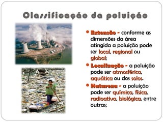 Classificação da poluição
ExtensãoExtensão - conforme as
dimensões da área
atingida a poluição pode
ser locallocal, regionalregional ou
globalglobal;
LocalizaçãoLocalização - a poluição
pode ser atmosféricaatmosférica,
aquáticaaquática ou dos solossolos.
NaturezaNatureza - a poluição
pode ser químicaquímica, físicafísica,
radioativaradioativa, biológicabiológica, entre
outras;
 