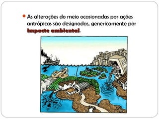 As alterações do meio ocasionadas por ações
antrópicas são designadas, genericamente por
impacte ambientalimpacte ambiental.
 