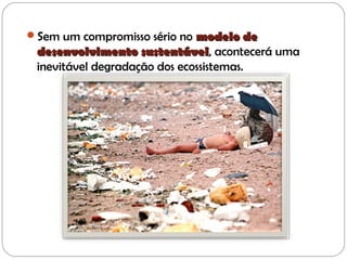 Sem um compromisso sério no modelo demodelo de
desenvolvimento sustentáveldesenvolvimento sustentável, acontecerá uma
inevitável degradação dos ecossistemas.
 