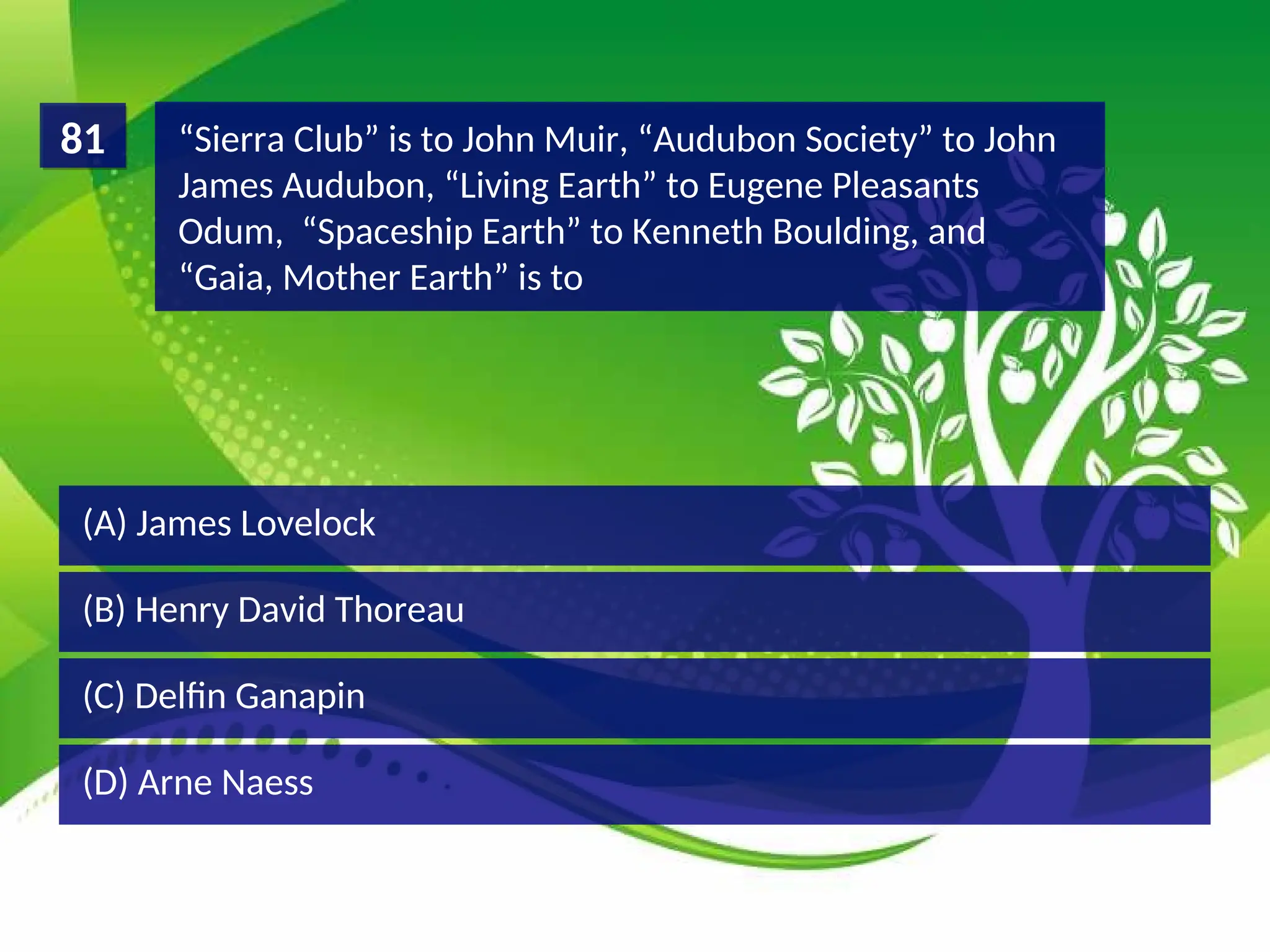 (D) Arne Naess
(C) Delfin Ganapin
(B) Henry David Thoreau
(A) James Lovelock
“Sierra Club” is to John Muir, “Audubon Society” to John
James Audubon, “Living Earth” to Eugene Pleasants
Odum, “Spaceship Earth” to Kenneth Boulding, and
“Gaia, Mother Earth” is to
81
 