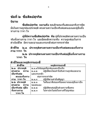 8




ข้อที่ ๒ ซื่อสัตย์สุจริต
นิยาม
          ซื่อสัตย์สุจริต หมายถึง คุณลักษณะที่แสดงออกถึงการยึด
มั่นในความถูกต้องประพฤติ ตรงตามความเป็นจริงต่อตนเองและผู้อื่นทั้ง
ทางกาย วาจา ใจ
            ผู้ที่มีความซื่อสัตย์สุจริต คือ ผูที่ประพฤติตรงตามความเป็น
                                              ้
จริงทั้งทางกาย วาจา ใจ และยึดหลักความจริง ความถูกต้องในการ
ดำาเนินชีวิต มีความละอายและเกรงกลัวต่อการกระทำาผิด
ตัวชี้วัด ๒.๑ ประพฤติตรงตามความเป็นจริงต่อตนเองทั้งทาง
กาย วาจา ใจ
           ๒.๒ ประพฤติตรงตามความเป็นจริงต่อผู้อื่นทั้งทางกาย
       วาจา ใจ
ตัวชี้วัดและพฤติกรรมบ่งชี้
      ตัวชี้วัด                            พฤติกรรมบ่งชี้
๒.๑ ประพฤติ           ๒.๑.๑ให้ข้อมูลที่ถูกต้องและเป็นจริง
ตรงตาม        ความ    ๒.๑.๒      ปฏิบัติตนโดยคำานึงถึงความถูกต้องละอาย
เป็นจริงต่อ           และเกรงกลัว
     ตนเองทั้งทาง          ต่อการกระทำาผิด
กาย วาจา ใจ           ๒.๑.๓      ปฏิบัติตามคำามั่นสัญญา
๒.๒ ประพฤติ           ๒.๒.๑      ไม่ถือเอาสิ่งของหรือผลงานของผู้อื่นมาเป็น
ตรงตาม        ความ    ของตนเอง
เป็นจริงต่อ ผู้อื่น   ๒.๒.๒      ปฏิบัติตนต่อผู้อื่นด้วยความซื่อตรง
ทั้งทางกาย            ๒.๒.๓      ไม่หาประโยชน์ในทางที่ไม่ถูกต้อง
     วาจา ใจ
 
