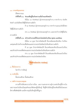 Ò. ‡°≥±å§ÿ≥∏√√¡
             ¡’®‘μ “∏“√≥–
             μ—«™’È«—¥∑’Ë ¯.Ò ™à«¬‡À≈◊ÕºŸâÕ◊Ëπ¥â«¬§«“¡‡μÁ¡„®·≈–æ÷ßæÕ„®
                              ¥’‡¬’Ë¬¡ (Û) ™à«¬æàÕ·¡à ºŸâª°§√Õß·≈–§√Ÿ∑”ß“π Õ“ “∑”ß“π ™à«¬§‘¥
™à«¬∑” ·∫àßªíπ ‘Ëß¢Õß„ÀâºŸâÕ◊Ëπ¥â«¬§«“¡‡μÁ¡„®
                              ¥’ (Ú) ™à«¬æàÕ·¡à ºŸâª°§√Õß·≈–§√Ÿ∑”ß“π Õ“ “∑”ß“π·≈–·∫àßªíπ ‘Ëß¢Õß
„ÀâºŸâÕ◊Ëπ¥â«¬§«“¡‡μÁ¡„®
                              ºà“π (Ò) ™à«¬æàÕ·¡à ºŸâª°§√Õß·≈–§√Ÿ∑”ß“π ·≈–Õ“ “∑”ß“π„ÀâºŸâÕ◊Ëπ¥â«¬
§«“¡‡μÁ¡„®
             μ—«™’È«—¥∑’Ë ¯.Ú ‡¢â“√à«¡°‘®°√√¡∑’Ë‡ªìπª√–‚¬™πåμàÕ‚√ß‡√’¬π ™ÿ¡™π ·≈– —ß§¡
                              ¥’‡¬’Ë¬¡ (Û) ¥Ÿ·≈ √—°…“∑√—æ¬å ¡∫—μ‘  ‘Ëß·«¥≈âÕ¡¢ÕßÀâÕß‡√’¬π ‚√ß‡√’¬π
·≈–™ÿ¡™π‡¢â“√à«¡°‘®°√√¡‡æ◊ËÕ —ß§¡·≈– “∏“√≥ª√–‚¬™πå¢Õß‚√ß‡√’¬π¥â«¬§«“¡‡μÁ¡„®
                              ¥’ (Ú) ¥Ÿ·≈ √—°…“∑√—æ¬å ¡∫—μ‘  ‘Ëß·«¥≈âÕ¡¢ÕßÀâÕß‡√’¬π·≈–‚√ß‡√’¬π
·≈–‡¢â“√à«¡°‘®°√√¡‡æ◊ËÕ —ß§¡·≈– “∏“√≥ª√–‚¬™πå¢Õß‚√ß‡√’¬π¥â«¬§«“¡‡μÁ¡„®
                              ºà“π (Ò) ¥Ÿ·≈ √—°…“∑√—æ¬å ¡∫—μ‘  ‘Ëß·«¥≈âÕ¡¢ÕßÀâÕß‡√’¬π·≈–‚√ß‡√’¬π
·≈–‡¢â“√à«¡°‘®°√√¡‡æ◊ËÕ —ß§¡·≈– “∏“√≥ª√–‚¬™πå¢Õß‚√ß‡√’¬π

                                          ‚§√ß°“√‚≈°°«â“ß °“√‡√’¬π√Ÿâ
Ò. ™◊ËÕ‚§√ß°“√
         ‚≈°°«â“ß °“√‡√’¬π√Ÿâ
Ú. √–¥—∫™—Èπ
       ™—Èπª√–∂¡»÷°…“ ™—Èπ¡—∏¬¡»÷°…“
Û. À≈—°°“√·≈–‡Àμÿº≈
          §«“¡μ—Èß„®‡æ’¬√æ¬“¬“¡„π°“√‡√’¬π ·≈–°“√· «ßÀ“§«“¡√Ÿâ®“°·À≈àß‡√’¬π√Ÿâ∑—Èß¿“¬„π
·≈–¿“¬πÕ°‚√ß‡√’¬π‡ªìπ§ÿ≥≈—°…≥–π‘ —¬¢ÕßºŸâ„ΩÉ‡√’¬π√Ÿâ ´÷ËßºŸâ∑’Ë®–„ΩÉ‡√’¬π√Ÿâπ—Èπ®–μâÕß¡’«‘π—¬„πμπ‡Õß
¡’§«“¡´◊ËÕ —μ¬å ÿ®√‘μ ·≈–¡’§«“¡¡ÿàß¡—Ëπ‡√’¬π√Ÿâ‡ªìπæ◊Èπ∞“π



          ·π«∑“ß°“√æ—≤π“ °“√«—¥·≈–ª√–‡¡‘π§ÿ≥≈—°…≥–Õ—πæ÷ßª√– ß§å μ“¡À≈—° Ÿμ√·°π°≈“ß°“√»÷°…“¢—Èπæ◊Èπ∞“π æÿ∑∏»—°√“™ ÚııÒ
                                                                                                                        101
 