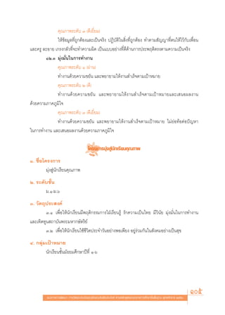 §ÿ≥¿“æ√–¥—∫ Û (¥’‡¬’Ë¬¡)
              „Àâ¢âÕ¡Ÿ≈∑’Ë∂Ÿ°μâÕß·≈–‡ªìπ®√‘ß ªØ‘∫—μ‘„π ‘Ëß∑’Ë∂Ÿ°μâÕß ∑”μ“¡ —≠≠“∑’Ëμπ„Àâ‰«â°—∫‡æ◊ËÕπ
·≈–§√Ÿ ≈–Õ“¬ ‡°√ß°≈—«∑’Ë®–∑”§«“¡º‘¥ ‡ªìπ·∫∫Õ¬à“ß∑’Ë¥’¥â“π°“√ª√–æƒμ‘μ√ßμ“¡§«“¡‡ªìπ®√‘ß
        ÒÚ.Û ¡ÿàß¡—Ëπ„π°“√∑”ß“π
              §ÿ≥¿“æ√–¥—∫ Ò (ºà“π)
              ∑”ß“π¥â«¬§«“¡¢¬—π ·≈–æ¬“¬“¡„Àâß“π ”‡√Á®μ“¡‡ªÑ“À¡“¬
              §ÿ≥¿“æ√–¥—∫ Ú (¥’)
              ∑”ß“π¥â«¬§«“¡¢¬—π ·≈–æ¬“¬“¡„Àâß“π ”‡√Á®μ“¡‡ªÑ“À¡“¬·≈–‡ πÕº≈ß“π
¥â«¬§«“¡¿“§¿Ÿ¡‘„®
              §ÿ≥¿“æ√–¥—∫ Û (¥’‡¬’Ë¬¡)
              ∑”ß“π¥â«¬§«“¡¢¬—π ·≈–æ¬“¬“¡„Àâß“π ”‡√Á®μ“¡‡ªÑ“À¡“¬ ‰¡à¬àÕ∑âÕμàÕªí≠À“
„π°“√∑”ß“π ·≈–‡ πÕº≈ß“π¥â«¬§«“¡¿“§¿Ÿ¡‘„®

                                          ‚§√ß°“√¡ÿàß Ÿàπ—°‡√’¬π§ÿ≥¿“æ
Ò. ™◊ËÕ‚§√ß°“√
         ¡ÿàß Ÿàπ—°‡√’¬π§ÿ≥¿“æ
Ú. √–¥—∫™—Èπ
       ¡.Ò-¡.ˆ
Û. «—μ∂ÿª√– ß§å
         Û.Ò ‡æ◊ËÕ„Àâπ—°‡√’¬π¡’æƒμ‘°√√¡°“√„ΩÉ‡√’¬π√Ÿâ √—°§«“¡‡ªìπ‰∑¬ ¡’«‘π—¬ ¡ÿàß¡—Ëπ„π°“√∑”ß“π
·≈–‡∑‘¥∑Ÿπ ∂“∫—πæ√–¡À“°…—μ√‘¬å
         Û.Ú ‡æ◊ËÕ„Àâπ—°‡√’¬π„™â™’«‘μª√–®”«—πÕ¬à“ßæÕ‡æ’¬ß Õ¬Ÿà√à«¡°—π„π —ß§¡Õ¬à“ß‡ªìπ ÿ¢
Ù. °≈ÿà¡‡ªÑ“À¡“¬
        π—°‡√’¬π™—Èπ¡—∏¬¡»÷°…“ªï∑’Ë Ò-ˆ




          ·π«∑“ß°“√æ—≤π“ °“√«—¥·≈–ª√–‡¡‘π§ÿ≥≈—°…≥–Õ—πæ÷ßª√– ß§å μ“¡À≈—° Ÿμ√·°π°≈“ß°“√»÷°…“¢—Èπæ◊Èπ∞“π æÿ∑∏»—°√“™ ÚııÒ
                                                                                                                        105
 