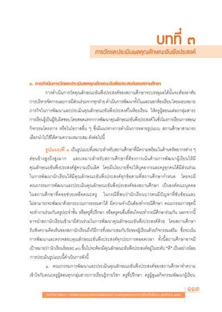 °“√«—¥·≈–ª√–‡¡‘πº≈§ÿ≥≈—°…≥–Õ—πæ÷ßª√– ß§å
                                                                                                  ∫∑∑’Ë Û
Ò. °“√¥”‡π‘π°“√«—¥·≈–ª√–‡¡‘πº≈§ÿ≥≈—°…≥–Õ—πæ÷ßª√– ß§å¢Õß ∂“π»÷°…“
            °“√¥”‡π‘π°“√«—¥§ÿ≥≈—°…≥–Õ—πæ÷ßª√– ß§å¢Õß ∂“π»÷°…“®–∫√√≈ÿº≈‰¥âπ—Èπ®–μâÕßÕ“»—¬
°“√∫√‘À“√®—¥°“√·≈–°“√¡’ «π√à«¡®“°∑ÿ°ΩÉ“¬ ¥”‡π‘π°“√æ—≤π“∑—ß„π·≈–πÕ°ÀâÕß‡√’¬π ‚¥¬¡Õ∫À¡“¬
                             à                            È
¿“√°‘®„π°“√æ—≤π“·≈–ª√–‡¡‘π§ÿ≥≈—°…≥–Õ—πæ÷ßª√– ß§å„πÀâÕß‡√’¬π „Àâ§√ŸºŸâ Õπ·μà≈–°≈ÿà¡ “√–
°“√‡√’¬π√Ÿ‡â ªìπºŸ√∫º‘¥™Õ∫ ‚¥¬ Õ¥·∑√°°“√æ—≤π“§ÿ≥≈—°…≥–Õ—πæ÷ßª√– ß§å „π™—«‚¡ß°“√‡√’¬π°“√ Õπ/
                  â—                                                    Ë
°‘®°√√¡‚§√ß°“√ À√◊Õ„π‚Õ°“ Õ◊Ëπ Ê ´÷Ëß¡’·π«∑“ß°“√¥”‡π‘π°“√À≈“¬√Ÿª·∫∫  ∂“π»÷°…“ “¡“√∂
‡≈◊Õ°π”‰ª„™â‰¥âμ“¡§«“¡‡À¡“– ¡ ¥—ßμàÕ‰ªπ’È
            √Ÿª·∫∫∑’Ë Ò ‡ªìπ√Ÿª·∫∫∑’Ë‡À¡“– ”À√—∫ ∂“π»÷°…“∑’Ë¡’§«“¡æ√âÕ¡„π¥â“π∑√—æ¬“°√μà“ß Ê
§à Õ π¢â “ ß Ÿ ß ∂÷ ß  Ÿ ß ¡“° ·≈–‡À¡“– ”À√— ∫  ∂“π»÷ ° …“∑’Ë μâ Õ ß°“√‡πâ π ¥â “ π°“√æ— ≤ π“ºŸâ ‡ √’ ¬ π„Àâ ¡’
§ÿ≥≈—°…≥–Õ—πæ÷ßª√– ß§å Ÿà§«“¡‡ªìπ‡≈‘» ‚¥¬¡’π‚¬∫“¬∑’Ë®–„Àâ∫ÿ§≈“°√·≈–§√Ÿ∑ÿ°§π‰¥â¡’ à«π√à«¡
„π°“√æ— ≤ π“π— ° ‡√’ ¬ π„Àâ ¡’ §ÿ ≥ ≈— ° …≥–Õ— π æ÷ ß ª√– ß§å ∑ÿ ° ¢â Õ μ“¡∑’Ë   ∂“π»÷ ° …“°”Àπ¥ ‚¥¬®–¡’
§≥–°√√¡°“√æ—≤π“·≈–ª√–‡¡‘π§ÿ≥≈—°…≥–Õ—πæ÷ßª√– ß§å¢Õß ∂“π»÷°…“ ‡ªìπÕß§å§≥–∫ÿ§§≈
„π ∂“π»÷ ° …“∑’Ë § Õ¬™à « ¬‡À≈◊ Õ §≥–§√Ÿ „π°√≥’ ∑’Ë æ ∫«à “ π— ° ‡√’ ¬ π∫“ß§π¡’ ªí ≠ À“∑’Ë ´— ∫ ´â Õ π·≈–
‰¡à “¡“√∂®–æ—≤π“¥â«¬°√–∫«π°“√∏√√¡¥“‰¥â ¡’§«“¡®”‡ªìπμâÕß∑”°√≥’»÷°…“ §≥–°√√¡°“√™ÿ¥π’È
®–∑”ß“π√à«¡°—∫§√Ÿª√–®”™—Èπ À√◊Õ§√Ÿ∑’Ëª√÷°…“ À√◊Õ§√Ÿ§πÕ◊Ëπ∑’Ë π„®®–∑”°√≥’»÷°…“√à«¡°—π πÕ°®“°π’È
Õ“®π” ¿“π—°‡√’¬π‡¢â“¡“¡’ à«π√à«¡„π°“√æ—≤π“§ÿ≥≈—°…≥–Õ—πæ÷ßª√– ß§å¥â«¬ ‚¥¬ ∂“π»÷°…“
√—∫øíß§«“¡§‘¥‡ÀÁπ¢Õß ¿“π—°‡√’¬π∂÷ß«‘∏’°“√∑’Ë‡À¡“– ¡°—∫«—¬¢ÕßºŸâ‡√’¬π¥â«¬°‘®°√√¡‡ √‘¡ ´÷Ëß®–‡πâπ
°“√æ—≤π“·≈–μ√«® Õ∫§ÿ≥≈—°…≥–Õ—πæ÷ßª√– ß§å∑ÿ°ª√–°“√μ≈Õ¥‡«≈“ ∑—Èßπ’È ∂“π»÷°…“Õ“®¡’
‡ªÑ“À¡“¬«à“ π—°‡√’¬π√âÕ¬≈– ˘ ¢÷π‰ª®–μâÕß¡’§≥≈—°…≥–Õ—πæ÷ßª√– ß§åÕ¬Ÿ„π√–¥—∫ ç¥’é ‡ªìπÕ¬à“ßπâÕ¬
                                       È              ÿ                             à
†°“√ª√–‡¡‘π√Ÿª·∫∫π’È¥”‡π‘π°“√¥—ßπ’È
            Ò.† §≥–°√√¡°“√æ—≤π“·≈–ª√–‡¡‘π§ÿ≥≈—°…≥–Õ—πæ÷ßª√– ß§å¢Õß ∂“π»÷°…“∑”§«“¡
‡¢â“„®°—∫§≥–§√ŸºŸâ Õπ∑ÿ°°≈ÿà¡ “√–°“√‡√’¬π√Ÿâ/√“¬«‘™“ §√Ÿ∑’Ëª√÷°…“ §√ŸºŸâ¥Ÿ·≈°‘®°√√¡æ—≤π“ºŸâ‡√’¬π†


           ·π«∑“ß°“√æ—≤π“ °“√«—¥·≈–ª√–‡¡‘π§ÿ≥≈—°…≥–Õ—πæ÷ßª√– ß§å μ“¡À≈—° Ÿμ√·°π°≈“ß°“√»÷°…“¢—Èπæ◊Èπ∞“π æÿ∑∏»—°√“™ ÚııÒ
                                                                                                                         113
 