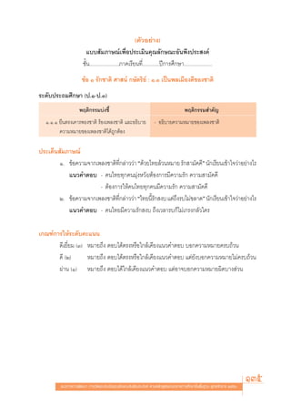 (μ—«Õ¬à“ß)
                       ·∫∫ —¡¿“…≥å‡æ◊ËÕª√–‡¡‘π§ÿ≥≈—°…≥–Õ—πæ÷ßª√– ß§å
                      ™—Èπ.......................¿“§‡√’¬π∑’Ë.............ªï°“√»÷°…“......................
                     ¢âÕ Ò √—°™“μ‘ »“ πå °…—μ√‘¬å : Ò.Ò ‡ªìπæ≈‡¡◊Õß¥’¢Õß™“μ‘
√–¥—∫ª√–∂¡»÷°…“ (ª.Ò-ª.Û)
                    æƒμ‘°√√¡∫àß™’È                                                     æƒμ‘°√√¡ ”§—≠
  Ò.Ò.Ò ¬◊πμ√ß‡§“√æ∏ß™“μ‘ √âÕß‡æ≈ß™“μ‘ ·≈–Õ∏‘∫“¬                   - Õ∏‘∫“¬§«“¡À¡“¬¢Õß‡æ≈ß™“μ‘
        §«“¡À¡“¬¢Õß‡æ≈ß™“μ‘‰¥â∂Ÿ°μâÕß

ª√–‡¥Áπ —¡¿“…≥å
       Ò. ¢âÕ§«“¡®“°‡æ≈ß™“μ‘∑°≈à“««à“ ç¥â«¬‰∑¬≈â«πÀ¡“¬ √—° “¡—§§’é π—°‡√’¬π‡¢â“„®«à“Õ¬à“ß‰√
                                 Ë’
           ·π«§”μÕ∫ - §π‰∑¬∑ÿ°§π¡ÿàßÀ«—ß/μâÕß°“√¡’§«“¡√—° §«“¡ “¡—§§’
                      - μâÕß°“√„Àâ§π‰∑¬∑ÿ°§π¡’§«“¡√—° §«“¡ “¡—§§’
       Ú. ¢âÕ§«“¡®“°‡æ≈ß™“μ‘∑°≈à“««à“ ç‰∑¬π’√° ß∫ ·μà∂ß√∫‰¡à¢≈“¥é π—°‡√’¬π‡¢â“„®«à“Õ¬à“ß‰√
                              Ë’            È—        ÷
           ·π«§”μÕ∫ - §π‰∑¬¡’§«“¡√—° ß∫ ∂÷ß‡«≈“√∫°Á‰¡à‡°√ß°≈—«„§√

‡°≥±å°“√„Àâ√–¥—∫§–·ππ
       ¥’‡¬’Ë¬¡ (Û) À¡“¬∂÷ß μÕ∫‰¥âμ√ßÀ√◊Õ„°≈â‡§’¬ß·π«§”μÕ∫ ∫Õ°§«“¡À¡“¬§√∫∂â«π
       ¥’ (Ú)       À¡“¬∂÷ß μÕ∫‰¥âμ√ßÀ√◊Õ„°≈â‡§’¬ß·π«§”μÕ∫ ·μà¬—ß∫Õ°§«“¡À¡“¬‰¡à§√∫∂â«π
       ºà“π (Ò) À¡“¬∂÷ß μÕ∫‰¥â„°≈â‡§’¬ß·π«§”μÕ∫ ·μàÕ“®∫Õ°§«“¡À¡“¬º‘¥∫“ß à«π




         ·π«∑“ß°“√æ—≤π“ °“√«—¥·≈–ª√–‡¡‘π§ÿ≥≈—°…≥–Õ—πæ÷ßª√– ß§å μ“¡À≈—° Ÿμ√·°π°≈“ß°“√»÷°…“¢—Èπæ◊Èπ∞“π æÿ∑∏»—°√“™ ÚııÒ
                                                                                                                       135
 