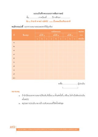 ·∫∫∫—π∑÷°§–·ππ°“√ —¡¿“…≥å
                      ™—Èπ.......................¿“§‡√’¬π∑’Ë.............ªï°“√»÷°…“......................
                      ¢âÕ Ò √—°™“μ‘ »“ πå °…—μ√‘¬å : Ò.Ò ‡ªìπæ≈‡¡◊Õß¥’¢Õß™“μ‘
æƒμ‘°√√¡∫àß™’È ∫Õ°§«“¡À¡“¬¢Õß‡æ≈ß™“μ‘‰¥â∂Ÿ°μâÕß
                                                                     √–¥—∫§–·ππ                                           √ÿªº≈
  ∑’Ë           ™◊ËÕ- °ÿ≈                  §√—Èß∑’Ë Ò                  §√—Èß∑’Ë Ú              §√—Èß∑’Ë Û                 °“√
                                          Ò Ú Û                     Ò Ú Û                     Ò Ú Û                      ª√–‡¡‘π
  Ò
 Ú
 Û
 Ù
 ı
  ˆ
 ˜
 ¯
 ˘
 Ò

                                                                                  ≈ß™◊ËÕ....................................ºŸâª√–‡¡‘π
                                                                                         (..................................)
À¡“¬‡Àμÿ
      Ò. ∂â“π—°‡√’¬π∫Õ°§«“¡À¡“¬‰¥â√–¥—∫ ¥’‡¬’¬¡ (Û) μ—ß·μà§√—ß∑’Ë Ò À√◊Õ Ú ‰¡à®”‡ªìπμâÕßª√–‡¡‘π
                                             Ë        È      È
         §√—ÈßμàÕ‰ª
      Ú.  √ÿªº≈°“√ª√–‡¡‘π À¡“¬∂÷ß √–¥—∫§–·ππ∑’Ë‰¥â§√—ÈßÀ≈—ß ÿ¥




136     ·π«∑“ß°“√æ—≤π“ °“√«—¥·≈–ª√–‡¡‘π§ÿ≥≈—°…≥–Õ—πæ÷ßª√– ß§å μ“¡À≈—° Ÿμ√·°π°≈“ß°“√»÷°…“¢—Èπæ◊Èπ∞“π æÿ∑∏»—°√“™ ÚııÒ
 