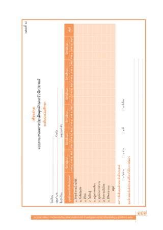 (·∫∫∑’Ë Ú)
                                                                                                                                                                                                                                (μ—«Õ¬à“ß)
                                                                                                                                                                                                                 ·∫∫√“¬ß“πº≈°“√ª√–‡¡‘π§ÿ≥≈—°…≥–Õ—πæ÷ßª√– ß§å
                                                                                                                                                                                                                             √–¥—∫ª√–∂¡»÷°…“
                                                                                                               ‚√ß‡√’¬π...................................................................................................
                                                                                                               ‡¢μ/Õ”‡¿Õ.............................................................................................®—ßÀ«—¥.......................................................................
                                                                                                               ™◊ËÕπ—°‡√’¬π............................................................................................‡≈¢ª√–®”μ—«............................................................
                                                                                                                                                                          ªï°“√»÷°…“....    ªï°“√»÷°…“....   ªï°“√»÷°…“....   ªï°“√»÷°…“.... ªï°“√»÷°…“....      ªï°“√»÷°…“....
                                                                                                                  §ÿ≥≈—°…≥–Õ—πæ÷ßª√– ß§å                                                                                                                                                                                                                                                  √ÿª
                                                                                                                                                                        ¿“§ Ò ¿“§ Ú  √ÿª ¿“§ Ò ¿“§ Ú  √ÿª ¿“§ Ò ¿“§ Ú  √ÿª ¿“§ Ò ¿“§ Ú  √ÿª ¿“§ Ò ¿“§ Ú  √ÿª ¿“§ Ò ¿“§ Ú  √ÿª
                                                                                                                  Ò. √—°™“μ‘ »“ πå °…—μ√‘¬å
                                                                                                                  Ú. ´◊ËÕ —μ¬å ÿ®√‘μ
                                                                                                                  Û. ¡’«‘π—¬
                                                                                                                  Ù. „ΩÉ‡√’¬π√Ÿâ
                                                                                                                  ı. Õ¬ŸàÕ¬à“ßæÕ‡æ’¬ß
                                                                                                                  ˆ. ¡ÿàß¡—Ëπ„π°“√∑”ß“π
                                                                                                                  ˜. √—°§«“¡‡ªìπ‰∑¬
                                                                                                                  ¯. ¡’®‘μ “∏“√≥–
                                                                                                                                  √ÿª
                                                                                                              º≈°“√μ—¥ ‘π§ÿ≥≈—°…≥–Õ—πæ÷ßª√– ß§å
                                                                                                                                 ■  ‰¡àºà“π                                                      ■    Ò ºà“π                               ■    Ú ¥’                                 ■     Û ¥’‡¬’Ë¬¡
                                                                                                              §ÿ≥≈—°…≥–Õ—πæ÷ßª√– ß§å∑’Ë§«√‰¥â√—∫°“√æ—≤π“




·π«∑“ß°“√æ—≤π“ °“√«—¥·≈–ª√–‡¡‘π§ÿ≥≈—°…≥–Õ—πæ÷ßª√– ß§å μ“¡À≈—° Ÿμ√·°π°≈“ß°“√»÷°…“¢—Èπæ◊Èπ∞“π æÿ∑∏»—°√“™ ÚııÒ
                                                                                                              .......................................................................................................................................................................................................................................................................
                                                                                                              .......................................................................................................................................................................................................................................................................
                                                                                                              .......................................................................................................................................................................................................................................................................




                         147
 