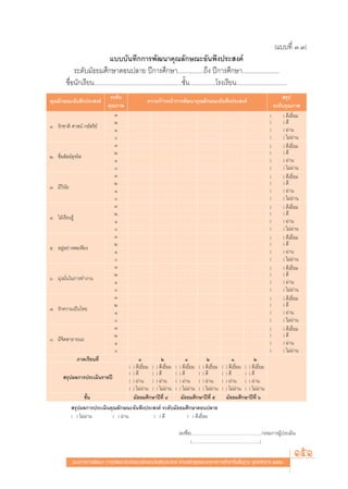 (·∫∫∑’Ë Û.Û)
                               ·∫∫∫—π∑÷°°“√æ—≤π“§ÿ≥≈—°…≥–Õ—πæ÷ßª√– ß§å
             √–¥—∫¡—∏¬¡»÷°…“μÕπª≈“¬ ªï°“√»÷°…“.................∂÷ß ªï°“√»÷°…“........................
         ™◊ËÕπ—°‡√’¬π.........................................................™—Èπ.................‚√ß‡√’¬π.................................
                                  √–¥—∫                                                                                                                 √ÿª
§ÿ≥≈—°…≥–Õ—πæ÷ßª√– ß§å                                   §«“¡°â“«Àπâ“°“√æ—≤π“§ÿ≥≈—°…≥–Õ—πæ÷ßª√– ß§å
                                 §ÿ≥¿“æ                                                                                                            √–¥—∫§ÿ≥¿“æ
                                    Û                                                                                                            (      ) ¥’‡¬’Ë¬¡
                                    Ú                                                                                                            (      ) ¥’
Ò. √—°™“μ‘ »“ πå °…—μ√‘¬å
                                    Ò                                                                                                            (      ) ºà“π
                                                                                                                                                (      ) ‰¡àºà“π
                                    Û                                                                                                            (      ) ¥’‡¬’Ë¬¡
                                    Ú                                                                                                            (      ) ¥’
Ú. ´◊ËÕ —μ¬å ÿ®√‘μ
                                    Ò                                                                                                            (      ) ºà“π
                                                                                                                                                (      ) ‰¡àºà“π
                                    Û                                                                                                            (      ) ¥’‡¬’Ë¬¡
                                    Ú                                                                                                            (      ) ¥’
Û. ¡’«‘π—¬
                                    Ò                                                                                                            (      ) ºà“π
                                                                                                                                                (      ) ‰¡àºà“π
                                    Û                                                                                                            (      ) ¥’‡¬’Ë¬¡
                                    Ú                                                                                                            (      ) ¥’
Ù. „ΩÉ‡√’¬π√Ÿâ
                                    Ò                                                                                                            (      ) ºà“π
                                                                                                                                                (      ) ‰¡àºà“π
                                    Û                                                                                                            (      ) ¥’‡¬’Ë¬¡
                                    Ú                                                                                                            (      ) ¥’
ı. Õ¬ŸàÕ¬à“ßæÕ‡æ’¬ß
                                    Ò                                                                                                            (      ) ºà“π
                                                                                                                                                (      ) ‰¡àºà“π
                                    Û                                                                                                            (      ) ¥’‡¬’Ë¬¡
                                    Ú                                                                                                            (      ) ¥’
ˆ. ¡ÿàß¡—Ëπ„π°“√∑”ß“π
                                    Ò                                                                                                            (      ) ºà“π
                                                                                                                                                (      ) ‰¡àºà“π
                                    Û                                                                                                            (      ) ¥’‡¬’Ë¬¡
                                    Ú                                                                                                            (      ) ¥’
˜. √—°§«“¡‡ªìπ‰∑¬
                                    Ò                                                                                                            (      ) ºà“π
                                                                                                                                                (      ) ‰¡àºà“π
                                    Û                                                                                                            (      ) ¥’‡¬’Ë¬¡
                                    Ú                                                                                                            (      ) ¥’
¯. ¡’®‘μ “∏“√≥–
                                    Ò                                                                                                            (      ) ºà“π
                                                                                                                                                (      ) ‰¡àºà“π
                 ¿“§‡√’¬π∑’Ë              Ò           Ú            Ò             Ú                                  Ò           Ú
                                              (
                                      ) ¥’‡¬’Ë¬¡ ( ) ¥’‡¬’Ë¬¡ ( ) ¥’‡¬’Ë¬¡ ( ) ¥’‡¬’Ë¬¡                     (   ) ¥’‡¬’Ë¬¡ ( ) ¥’‡¬’Ë¬¡
                                      ) ¥’    (  ( ) ¥’       ( ) ¥’        ( ) ¥’                          (   ) ¥’       ( ) ¥’
        √ÿªº≈°“√ª√–‡¡‘π√“¬ªï
                                              (
                                      ) ºà“π ( ) ºà“π ( ) ºà“π ( ) ºà“π                                     (   ) ºà“π ( ) ºà“π
                                              (
                                      ) ‰¡àºà“π ( ) ‰¡àºà“π ( ) ‰¡àºà“π ( ) ‰¡àºà“π                         (   ) ‰¡àºà“π ( ) ‰¡àºà“π
                  ™—Èπ                ¡—∏¬¡»÷°…“ªï∑’Ë Ù          ¡—∏¬¡»÷°…“ªï∑’Ë ı                              ¡—∏¬¡»÷°…“ªï∑’Ë ˆ
            √ÿªº≈°“√ª√–‡¡‘π§ÿ≥≈—°…≥–Õ—πæ÷ßª√– ß§å √–¥—∫¡—∏¬¡»÷°…“μÕπª≈“¬
           ( ) ‰¡àºà“π       ( ) ºà“π             ( ) ¥’             ( ) ¥’‡¬’Ë¬¡

                                                                           (≈ß™◊ËÕ).................................................................°√√¡°“√ºŸâª√–‡¡‘π


                                                                                                                                                                    151
                                                                                   (...............................................................)

             ·π«∑“ß°“√æ—≤π“ °“√«—¥·≈–ª√–‡¡‘π§ÿ≥≈—°…≥–Õ—πæ÷ßª√– ß§å μ“¡À≈—° Ÿμ√·°π°≈“ß°“√»÷°…“¢—Èπæ◊Èπ∞“π æÿ∑∏»—°√“™ ÚııÒ
 