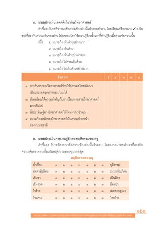 Ù. ·∫∫ª√–‡¡‘π‡®μ§μ‘‡°’Ë¬«°—∫«‘∑¬“»“ μ√å
              §”™’È·®ß ‚ª√¥æ‘®“√≥“¢âÕ§«“¡¢â“ß≈à“ßπ’È·≈â«μÕ∫§”∂“¡ ‚¥¬‡¢’¬π‡§√◊ËÕßÀ¡“¬ ✓ ≈ß„π
™àÕß∑’Ëμ√ß°—∫§«“¡‡ÀÁπ¢Õß∑à“π ‚ª√¥μÕ∫‚¥¬„™â§«“¡√Ÿâ ÷°§√—Èß·√°∑’Ë∑à“π√Ÿâ ÷°‡¡◊ËÕÕà“π¢âÕ§«“¡π—Èπ
              ‡¡◊ËÕ ı À¡“¬∂÷ß ‡ÀÁπ¥â«¬Õ¬à“ß¡“°
                      Ù À¡“¬∂÷ß ‡ÀÁπ¥â«¬
                      Û À¡“¬∂÷ß ‡ÀÁπ¥â«¬ª“π°≈“ß
                      Ú À¡“¬∂÷ß ‰¡à§àÕ¬‡ÀÁπ¥â«¬
                      Ò À¡“¬∂÷ß ‰¡à‡ÀÁπ¥â«¬Õ¬à“ß¡“°
                                  ¢âÕ§«“¡                                                ı       Ù       Û        Ú    Ò
  Ò. °“√§âπæ∫∑“ß«‘∑¬“»“ μ√å™à«¬„Àâª√–‡∑»‰∑¬æ—≤π“
     ‡ªìπª√–‡∑»Õÿμ “À°√√¡„À¡à‰¥â
  Ú.  —ß§¡‰∑¬„Àâ§«“¡ ”§—≠°—∫°“√‡√’¬π∑“ß “¬«‘∑¬“»“ μ√å
     ¡“°‡°‘π‰ª
  Û.  ‘Ëßª√–¥‘…∞å∑“ß«‘∑¬“»“ μ√å„Àâ‚∑…¡“°°«à“§ÿ≥
  Ù. §«“¡°â“«Àπâ“¢Õß«‘∑¬“»“ μ√å‡ªìπ§«“¡°â“«Àπâ“
     ¢Õß¡πÿ…¬™“μ‘

        ı. ·∫∫ª√–‡¡‘π§à“§«“¡√Ÿâ ÷°μàÕæƒμ‘°√√¡¢Õß§√Ÿ
             §”™’È·®ß ‚ª√¥æ‘®“√≥“¢âÕ§«“¡¢â“ß≈à“ßπ’È·≈â«μÕ∫ ‚¥¬«ß°≈¡√Õ∫μ—«‡≈¢∑’Ëμ√ß°—∫
§«“¡‡ÀÁπ¢Õß∑à“π‡°’Ë¬«°—∫æƒμ‘°√√¡¢Õß§√Ÿ¡“°∑’Ë ÿ¥
                                    æƒμ‘°√√¡¢Õß§√Ÿ
        ≈”‡Õ’¬ß          Û Ú Ò  Ò Ú Û ¬ÿμ‘∏√√¡
        Õ—μμ“∏‘ª‰μ¬ Û Ú Ò  Ò Ú Û ª√–™“∏‘ª‰μ¬
        ‡¬Áπ™“           Û Ú Ò  Ò Ú Û ‡ªìπ¡‘μ√
        ‡¢â¡ß«¥          Û Ú Ò  Ò Ú Û ¬◊¥À¬ÿàπ
        „®√â“¬           Û Ú Ò  Ò Ú Û ‡¡μμ“°√ÿ≥“
        „®·§∫            Û Ú Ò  Ò Ú Û „®°«â“ß


         ·π«∑“ß°“√æ—≤π“ °“√«—¥·≈–ª√–‡¡‘π§ÿ≥≈—°…≥–Õ—πæ÷ßª√– ß§å μ“¡À≈—° Ÿμ√·°π°≈“ß°“√»÷°…“¢—Èπæ◊Èπ∞“π æÿ∑∏»—°√“™ ÚııÒ
                                                                                                                       161
 