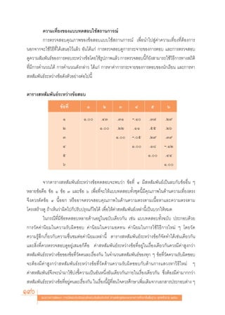 §«“¡‡∑’Ë¬ß¢Õß·∫∫∑¥ Õ∫„™â ∂“π°“√≥å
          °“√μ√«® Õ∫§ÿ≥¿“æ¢Õß¢âÕ Õ∫·∫∫„™â ∂“π°“√≥å ‡æ◊ËÕπ”‰ª Ÿà§à“§«“¡‡∑’Ë¬ß∑’ËμâÕß°“√
πÕ°®“°®–„™â«‘∏’∑’Ë‰¥â‡ πÕ‰«â·≈â« Õ—π‰¥â·°à °“√μ√«® Õ∫¥Ÿ°“√°√–®“¬¢Õß°“√μÕ∫ ·≈–°“√μ√«® Õ∫
¥Ÿ§«“¡ —¡æ—π∏å¢Õß°“√μÕ∫√–À«à“ß¢âÕ‚¥¬„™â√Ÿª¿“æ·≈â« °“√μ√«® Õ∫π’È°Á¬—ß “¡“√∂„™â«‘∏’°“√∑“ß ∂‘μ‘
∑’Ë¡’°“√§”π«≥‰¥â °“√§”π«≥¥—ß°≈à“« ‰¥â·°à °“√À“§à“°“√°√–®“¬¢Õß°“√μÕ∫¢Õßπ—°‡√’¬π ·≈–°“√À“
 À —¡æ—π∏å√–À«à“ß¢âÕ¥—ßμ—«Õ¬à“ßμàÕ‰ªπ’È

μ“√“ß À —¡æ—π∏å√–À«à“ß¢âÕ Õ∫
                      ¢âÕ∑’Ë               Ò            Ú            Û           Ù            ı            ˆ
                        Ò                Ò.        .ÙÛ          .ÛÒ          ›.Ò        .Û˜          .Ú˘
                        Ú                            Ò.         .ÚÚ           .ÒÒ        .ıı          .Úˆ
                        Û                                         Ò.         ›.ı        .Ú˘          .Û˘
                        Ù                                                      Ò.        .Ò¯          ›.ÒÚ
                        ı                                                                  Ò.         .ÙÙ
                        ˆ                                                                               Ò.

           ®“°μ“√“ß À —¡æ—π∏å√–À«à“ß¢âÕ∑¥ Õ∫®–æ∫«à“ ¢âÕ∑’Ë Ù ¡’ À —¡æ—π∏å‡ªìπ≈∫°—∫¢âÕÕ◊Ëπ Ê
À≈“¬¢âÕ§◊Õ ¢âÕ Ò ¢âÕ Û ·≈–¢âÕ ˆ ‡æ◊ËÕ∑’Ë®–„Àâ·∫∫∑¥ Õ∫∑—Èß™ÿ¥π’È¡’§ÿ≥¿“æ„π¥â“π§«“¡‡∑’Ë¬ßμ√ß
®÷ß§«√μ—¥¢âÕ Ù π’ÈÕÕ° À√◊ÕÕ“®μ√«® Õ∫§ÿ≥¿“æ„π¥â“π§«“¡μ√ßμ“¡‡π◊ÈÕÀ“·≈–§«“¡μ√ßμ“¡
‚§√ß √â“ß¥Ÿ ∂â“‡ÀÁπ«à“º‘¥‰ª°Áª√—∫ª√ÿß·°â‰¢‰¥â ‡æ◊ËÕ„Àâ§à“ À —¡æ—π∏å‡À≈à“π’È‡ªìπ∫«°„ÀâÀ¡¥
           „π°√≥’∑’Ë¡’¢âÕ∑¥ Õ∫À≈“¬¥â“πÕ¬Ÿà„π©∫—∫‡¥’¬«°—π ‡™àπ ·∫∫∑¥ Õ∫∑—Èß©∫—∫ ª√–°Õ∫¥â«¬
°“√«—¥§à“π‘¬¡„π§«“¡√—∫º‘¥™Õ∫ §à“π‘¬¡„π§«“¡Õ¥∑π §à“π‘¬¡„π°“√„™â«‘∏’°“√„À¡à Ê ‚¥¬«—¥
§«“¡√Ÿâ ÷°‡°’Ë¬«°—∫§«“¡™◊Ëπ™¡μàÕ§à“π‘¬¡‡À≈à“π’È μ“√“ß À —¡æ—π∏å√–À«à“ß¢âÕ°Á®—¥∑”‰¥â‡™àπ‡¥’¬«°—π
·≈– ‘Ëß∑’Ë§«√μ√«® Õ∫¥ŸÕ¬Ÿà‡ ¡Õ°Á§◊Õ §à“ À —¡æ—π∏å√–À«à“ß¢âÕ∑’ËÕ¬Ÿà„π‡√◊ËÕß‡¥’¬«°—π§«√¡’§à“ Ÿß°«à“
 À —¡æ—π∏å√–À«à“ß¢âÕ¢Õß¢âÕ∑’Ë«—¥§π≈–‡√◊ËÕß°—π „π®”π«π À —¡æ—π∏å¢Õß∑ÿ° Ê ¢âÕ∑’Ë«—¥§«“¡√—∫º‘¥™Õ∫
®–μâÕß¡’§à“ Ÿß°«à“ À —¡æ—π∏å√–À«à“ß¢âÕ∑’Ë«—¥¥â“π§«“¡√—∫º‘¥™Õ∫°—∫¥â“π°“√· «ßÀ“«‘∏’„À¡à Ê
§à“ À —¡æ—π∏å®÷ß®–π”¡“„™â∫àß™’È§«“¡‡ªìπÕ—πÀπ÷ËßÕ—π‡¥’¬«°—π¿“¬„π‡√◊ËÕß‡¥’¬«°—π ´÷ËßμâÕß¡’§à“¡“°°«à“
 À —¡æ—π∏å√–À«à“ß¢âÕ∑’ËÕ¬Ÿà§π≈–‡√◊ËÕß°—π „π‡√◊ËÕßπ’ÈºŸâ∑’Ë π„®§«√»÷°…“‡æ‘Ë¡‡μ‘¡®“°‡Õ° “√ª√–°Õ∫μà“ß Ê
190     ·π«∑“ß°“√æ—≤π“ °“√«—¥·≈–ª√–‡¡‘π§ÿ≥≈—°…≥–Õ—πæ÷ßª√– ß§å μ“¡À≈—° Ÿμ√·°π°≈“ß°“√»÷°…“¢—Èπæ◊Èπ∞“π æÿ∑∏»—°√“™ ÚııÒ
 