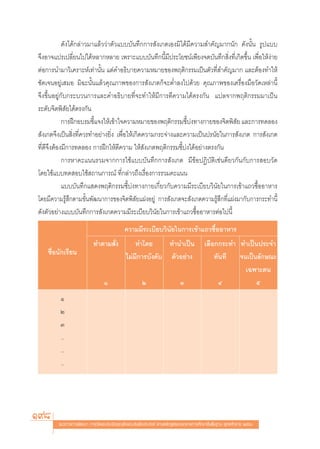 ¥—ß‰¥â°≈à“«¡“·≈â««à“μ—«·∫∫∫—π∑÷°°“√ —ß‡°μ‡Õß¡‘‰¥â¡’§«“¡ ”§—≠¡“°π—° ¥—ßπ—Èπ √Ÿª·∫∫
®÷ßÕ“®·ª√‡ª≈’Ë¬π‰ª‰¥âÀ≈“°À≈“¬ ‡æ√“–·∫∫∫—π∑÷°π’È¡’ª√–‚¬™πå‡æ’¬ß®¥∫—π∑÷° ‘Ëß∑’Ë‡°‘¥¢÷Èπ ‡æ◊ËÕ„Àâßà“¬
μàÕ°“√π”¡“«‘‡§√“–Àå‡∑à“π—Èπ ·μà§”Õ∏‘∫“¬§«“¡À¡“¬¢Õßæƒμ‘°√√¡‡ªìπμ—«∑’Ë ”§—≠¡“° ·≈–μâÕß∑”„Àâ
™—¥‡®πÕ¬Ÿà‡ ¡Õ ¡‘©–π—Èπ·≈â«§ÿ≥¿“æ¢Õß°“√ —ß‡°μ°Á®–μË”≈ß‰ª¥â«¬ §ÿ≥¿“æ¢Õß‡§√◊ËÕß¡◊Õ«—¥‡À≈à“π’È
®÷ß¢÷ÈπÕ¬Ÿà°—∫°√–∫«π°“√·≈–§”Õ∏‘∫“¬∑’Ë®–∑”„Àâ¡’°“√μ’§«“¡‰¥âμ√ß°—π ·ª≈®“°æƒμ‘°√√¡¡“‡ªìπ
√–¥—∫®‘μæ‘ —¬‰¥âμ√ß°—π
            °“√Ωñ°Õ∫√¡™’È·®ß„Àâ‡¢â“„®§«“¡À¡“¬¢Õßæƒμ‘°√√¡™’È∫àß∑“ß°“¬¢Õß®‘μæ‘ —¬ ·≈–°“√∑¥≈Õß
 —ß‡°μ®÷ß‡ªìπ ‘Ëß∑’Ë§«√∑”Õ¬à“ß¬‘Ëß ‡æ◊ËÕ„Àâ‡°‘¥§«“¡°√–®à“ß·≈–§«“¡‡ªìπª√π—¬„π°“√ —ß‡°μ °“√ —ß‡°μ
∑’Ë¥’®÷ßμâÕß¡’°“√∑¥≈Õß °“√Ωñ°„Àâμ’§«“¡ „Àâ —ß‡°μæƒμ‘°√√¡™’È∫àß‰¥âÕ¬à“ßμ√ß°—π
            °“√À“§–·ππ√«¡®“°°“√„™â·∫∫∫—π∑÷°°“√ —ß‡°μ ¡’¢âÕªØ‘∫—μ‘‡™àπ¥’¬«°—π°—∫°“√ Õ∫«—¥
‚¥¬„™â·∫∫∑¥ Õ∫„™â ∂“π°“√≥å ∑’Ë°≈à“«∂÷ß‡√◊ËÕß°“√√«¡§–·ππ
            ·∫∫∫—π∑÷°· ¥ßæƒμ‘°√√¡™’È∫àß∑“ß°“¬‡°’Ë¬«°—∫§«“¡¡’√–‡∫’¬∫«‘π—¬„π°“√‡¢â“·∂«´◊ÈÕÕ“À“√
‚¥¬¡’§«“¡√Ÿâ ÷°μ“¡¢—Èπæ—≤π“°“√¢Õß®‘μæ‘ —¬·ΩßÕ¬Ÿà °“√ —ß‡°μ®– —ß‡°μ§«“¡√Ÿâ ÷°∑’Ë·Ωß¡“°—∫°“√°√–∑”π’È
¥—ßμ—«Õ¬à“ß·∫∫∫—π∑÷°°“√ —ß‡°μ§«“¡¡’√–‡∫’¬∫«‘π—¬„π°“√‡¢â“·∂«´◊ÈÕÕ“À“√μàÕ‰ªπ’È
                                            §«“¡¡’√–‡∫’¬∫«‘π—¬„π°“√‡¢â“·∂«´◊ÈÕÕ“À“√
                          ∑”μ“¡ —Ëß             ∑”‚¥¬     ∑”π”‡ªìπ                      ‡≈◊Õ°°√–∑” ∑”‡ªìπª√–®”
    ™◊ËÕπ—°‡√’¬π                            ‰¡à¡°“√∫—ß§—∫ μ—«Õ¬à“ß
                                                ’                                           ∑—π∑’ ®π‡ªìπ≈—°…≥–
                                                                                                    ‡©æ“–μπ
                                Ò                    Ú                     Û                  Ù         ı
         Ò
         Ú
         Û
         ..
         ..
         ..




198     ·π«∑“ß°“√æ—≤π“ °“√«—¥·≈–ª√–‡¡‘π§ÿ≥≈—°…≥–Õ—πæ÷ßª√– ß§å μ“¡À≈—° Ÿμ√·°π°≈“ß°“√»÷°…“¢—Èπæ◊Èπ∞“π æÿ∑∏»—°√“™ ÚııÒ
 