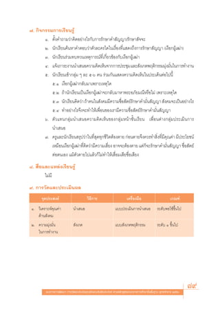 ˜. °‘®°√√¡°“√‡√’¬π√Ÿâ
       Ò. μ—Èß§”∂“¡«à“§‘¥Õ¬à“ß‰√°—∫°“√√—°…“§” —≠≠“/√—°…“ —®®–
       Ú. π—°‡√’¬π§âπÀ“§”μÕ∫«à“μ—«≈–§√„¥„π‡√◊ËÕß∑’Ë· ¥ß∂÷ß°“√√—°…“ —≠≠“ (‡ß◊Õ°ºŸâ‡≤à“)
       Û. π—°‡√’¬π√à«¡∑∫∑«π‡Àμÿ°“√≥å∑’Ë‡°’Ë¬«¢âÕß°—∫‡ß◊Õ°ºŸâ‡≤à“
       Ù. ·®âß¿“√–ß“ππ”‡ πÕ§«“¡§‘¥‡ÀÁπ®“°°“√ª√–™ÿ¡ ·≈– —ß‡°μæƒμ‘°√√¡¡ÿß¡—π„π°“√∑”ß“π
                                                                                à Ë
       ı. π—°‡√’¬π‡¢â“°≈ÿà¡ Ê ≈– ı-ˆ §π √à«¡°—π· ¥ß§«“¡§‘¥‡ÀÁπ„πª√–‡¥ÁπμàÕ‰ªπ’È
          ı.Ò ‡ß◊Õ°ºŸâ‡≤à“°≈—∫¡“‡æ√“–‡Àμÿ„¥
          ı.Ú ∂â“π—°‡√’¬π‡ªìπ‡ß◊Õ°ºŸâ‡≤à“®–°≈—∫¡“À“æ√–Õ¿—¬¡≥’À√◊Õ‰¡à ‡æ√“–‡Àμÿ„¥
          ı.Û π—°‡√’¬π§‘¥«à“ ∂â“§π„π —ß§¡¡’§«“¡´◊Õ —μ¬å√°…“§”¡—π —≠≠“  —ß§¡®–‡ªìπÕ¬à“ß‰√
                                                      Ë     —       Ë
          ı.Ù ∑”Õ¬à“ß‰√®÷ß®–∑”„Àâ‡æ◊ËÕπ¢Õß‡√“¡’§«“¡´◊ËÕ —μ¬å√—°…“§”¡—Ëπ —≠≠“
       ˆ. μ—«·∑π°≈ÿà¡π”‡ πÕ§«“¡§‘¥‡ÀÁπ¢Õß°≈ÿà¡Àπâ“™—Èπ‡√’¬π ‡æ◊ËÕπμà“ß°≈ÿà¡ª√–‡¡‘π°“√
          π”‡ πÕ
       ˜. §√Ÿ·≈–π—°‡√’¬π √ÿª«à“„π∑’Ë ÿ¥∑ÿ°™’«‘μμâÕßμ“¬ °àÕπμ“¬®÷ß§«√∑” ‘Ëß∑’Ë¡’§ÿ≥§à“ ¡’ª√–‚¬™πå
          ‡À¡◊Õπ‡ß◊Õ°ºŸâ‡≤à“∑’Ë§‘¥«à“¡’§«“¡‡ ’Ë¬ß Õ“®®–μâÕßμ“¬ ·μà°Á®–√—°…“§”¡—Ëπ —≠≠“ ´◊ËÕ —μ¬å
          μàÕμπ‡Õß ·¡âμ—«μ“¬‰ª·≈â«°Á‰¡à∑”„Àâ‡ ◊ËÕ¡‡ ’¬™◊ËÕ‡ ’¬ß
¯.  ◊ËÕ·≈–·À≈àß‡√’¬π√Ÿâ
        ‰¡à¡’
˘. °“√«—¥·≈–ª√–‡¡‘πº≈
       ®ÿ¥ª√– ß§å                         «‘∏°“√
                                             ’                            ‡§√◊ËÕß¡◊Õ                        ‡°≥±å
 Ò. «‘‡§√“–Àå§ÿ≥§à“           π”‡ πÕ                            ·∫∫ª√–‡¡‘π°“√π”‡ πÕ               √–¥—∫æÕ„™â¢÷Èπ‰ª
    ¥â“π —ß§¡
 Ú. §«“¡¡ÿàß¡—Ëπ               —ß‡°μ                            ·∫∫ —ß‡°μæƒμ‘°√√¡                 √–¥—∫ Ò ¢÷Èπ‰ª
    „π°“√∑”ß“π




         ·π«∑“ß°“√æ—≤π“ °“√«—¥·≈–ª√–‡¡‘π§ÿ≥≈—°…≥–Õ—πæ÷ßª√– ß§å μ“¡À≈—° Ÿμ√·°π°≈“ß°“√»÷°…“¢—Èπæ◊Èπ∞“π æÿ∑∏»—°√“™ ÚııÒ
                                                                                                                       79
 