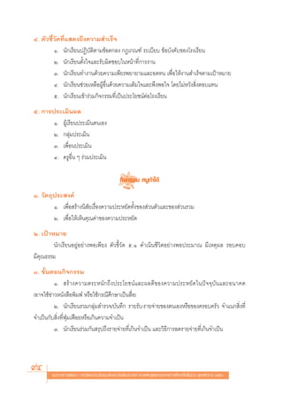Ù. μ—«™’È«—¥∑’Ë· ¥ß∂÷ß§«“¡ ”‡√Á®
         Ò. π—°‡√’¬πªØ‘∫—μ‘μ“¡¢âÕμ°≈ß °Æ‡°≥±å √–‡∫’¬∫ ¢âÕ∫—ß§—∫¢Õß‚√ß‡√’¬π
         Ú. π—°‡√’¬πμ—Èß„®·≈–√—∫º‘¥™Õ∫„πÀπâ“∑’Ë°“√ß“π
         Û. π—°‡√’¬π∑”ß“π¥â«¬§«“¡‡æ’¬√æ¬“¬“¡·≈–Õ¥∑π ‡æ◊ËÕ„Àâß“π ”‡√Á®μ“¡‡ªÑ“À¡“¬
         Ù. π—°‡√’¬π™à«¬‡À≈◊ÕºŸâÕ◊Ëπ¥â«¬§«“¡‡μÁ¡„®·≈–æ÷ßæÕ„® ‚¥¬‰¡àÀ«—ß ‘ËßμÕ∫·∑π
         ı. π—°‡√’¬π‡¢â“√à«¡°‘®°√√¡∑’Ë‡ªìπª√–‚¬™πåμàÕ‚√ß‡√’¬π
ı. °“√ª√–‡¡‘πº≈
       Ò. ºŸâ‡√’¬πª√–‡¡‘πμπ‡Õß
       Ú. °≈ÿà¡ª√–‡¡‘π
       Û. ‡æ◊ËÕπª√–‡¡‘π
       Ù. §√ŸÕ◊Ëπ Ê √à«¡ª√–‡¡‘π

                                                  °‘®°√√¡ ÀπŸ∑”‰¥â
Ò. «—μ∂ÿª√– ß§å
        Ò. ‡æ◊ËÕ √â“ßπ‘ —¬‡√◊ËÕß§«“¡ª√–À¬—¥∑—Èß¢Õß à«πμ—«·≈–¢Õß à«π√«¡
        Ú. ‡æ◊ËÕ„Àâ‡ÀÁπ§ÿ≥§à“¢Õß§«“¡ª√–À¬—¥
Ú. ‡ªÑ“À¡“¬
        π—°‡√’¬πÕ¬ŸàÕ¬à“ßæÕ‡æ’¬ß μ—«™’È«—¥ ı.Ò ¥”‡π‘π™’«‘μÕ¬à“ßæÕª√–¡“≥ ¡’‡Àμÿº≈ √Õ∫§Õ∫
¡’§ÿ≥∏√√¡
Û. ¢—ÈπμÕπ°‘®°√√¡
          Ò.  √â “ ß§«“¡μ√–Àπ— ° ∂÷ ß ª√–‚¬™πå · ≈–º≈¥’ ¢ Õß§«“¡ª√–À¬— ¥ „πªí ® ®ÿ ∫— π ·≈–Õπ“§μ
(Õ“®„™â¢à“«Àπ—ß ◊Õæ‘¡æå À√◊Õ„™â°√≥’»÷°…“‡ªìπ ◊ËÕ)
          Ú. π—°‡√’¬π√«¡°≈ÿà¡ ”√«®/∫—π∑÷° √“¬√—∫-√“¬®à“¬¢Õßμπ‡ÕßÀ√◊Õ¢Õß§√Õ∫§√—« ®”·π° ‘Ëß∑’Ë
®”‡ªìπ°—∫ ‘Ëß∑’ËøÿÉ¡‡øóÕ¬À√◊Õ‡°‘π§«“¡®”‡ªìπ
          Û. π—°‡√’¬π√à«¡°—π √ÿª∂÷ß√“¬®à“¬∑’Ë‡°‘π®”‡ªìπ ·≈–«‘∏’°“√≈¥√“¬®à“¬∑’Ë‡°‘π®”‡ªìπ



94      ·π«∑“ß°“√æ—≤π“ °“√«—¥·≈–ª√–‡¡‘π§ÿ≥≈—°…≥–Õ—πæ÷ßª√– ß§å μ“¡À≈—° Ÿμ√·°π°≈“ß°“√»÷°…“¢—Èπæ◊Èπ∞“π æÿ∑∏»—°√“™ ÚııÒ
 