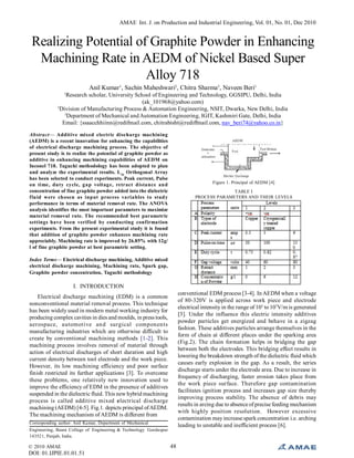 AMAE Int. J. on Production and Industrial Engineering, Vol. 01, No. 01, Dec 2010
© 2010 AMAE
DOI: 01.IJPIE.01.01.51
48
Realizing Potential of Graphite Powder in Enhancing
Machining Rate in AEDM of Nickel Based Super
Alloy 718
Anil Kumar1
, Sachin Maheshwari2
, Chitra Sharma3
, Naveen Beri1
1
Research scholar, University School of Engineering and Technology, GGSIPU, Delhi, India
(ak_101968@yahoo.com)
2
Division of Manufacturing Process & Automation Engineering, NSIT, Dwarka, New Delhi, India
3
Department of Mechanical andAutomation Engineering, IGIT, Kashmiri Gate, Delhi, India
Email: {ssaacchhiinn@redifmail.com, chitrabisht@rediffmail.com, nav_beri74@yahoo.co.in}
Abstract— Additive mixed electric discharge machining
(AEDM) is a recent innovation for enhancing the capabilities
of electrical discharge machining process. The objective of
present study is to realize the potential of graphite powder as
additive in enhancing machining capabilities of AEDM on
Inconel 718. Taguchi methodology has been adopted to plan
and analyze the experimental results. L36
Orthogonal Array
has been selected to conduct experiments. Peak current, Pulse
on time, duty cycle, gap voltage, retract distance and
concentration of fine graphite powder added into the dielectric
fluid were chosen as input process variables to study
performance in terms of material removal rate. The ANOVA
analysis identifies the most important parameters to maximize
material removal rate. The recommended best parametric
settings have been verified by conducting confirmation
experiments. From the present experimental study it is found
that addition of graphite powder enhances machining rate
appreciably. Machining rate is improved by 26.85% with 12g/
l of fine graphite powder at best parametric setting.
Index Terms— Electrical discharge machining, Additive mixed
electrical discharge machining, Machining rate, Spark gap,
Graphite powder concentration, Taguchi methodology
I. INTRODUCTION
Electrical discharge machining (EDM) is a common
nonconventional material removal process. This technique
has been widely used in modern metal working industry for
producing complex cavities in dies and moulds, in press tools,
aerospace, automotive and surgical components
manufacturing industries which are otherwise difficult to
create by conventional machining methods [1-2]. This
machining process involves removal of material through
action of electrical discharges of short duration and high
current density between tool electrode and the work piece.
However, its low machining efficiency and poor surface
finish restricted its further applications [3]. To overcome
these problems, one relatively new innovation used to
improve the efficiency of EDM in the presence of additives
suspended in the dielectric fluid. This new hybrid machining
process is called additive mixed electrical discharge
machining (AEDM) [4-5]. Fig.1. depicts principal ofAEDM.
The machining mechanism of AEDM is different from
conventional EDM process [3-4]. In AEDM when a voltage
of 80-320V is applied across work piece and electrode
electrical intensity in the range of 105
to 107
V/m is generated
[3]. Under the influence this electric intensity additives
powder particles get energized and behave in a zigzag
fashion. These additives particles arrange themselves in the
form of chain at different places under the sparking area
(Fig.2). The chain formation helps in bridging the gap
between both the electrodes. This bridging effect results in
lowering the breakdown strength of the dielectric fluid which
causes early explosion in the gap. As a result, the series
discharge starts under the electrode area. Due to increase in
frequency of discharging, faster erosion takes place from
the work piece surface. Therefore gap contamination
facilitates ignition process and increases gap size thereby
improving process stability. The absence of debris may
results in arcing due to absence of precise feeding mechanism
with highly position resolution. However excessive
contamination may increase spark concentration i.e. arching
leading to unstable and inefficient process [6].Corresponding author: Anil Kumar, Department of Mechanical
Engineering, Beant College of Engineering & Technology Gurdaspur
143521, Punjab, India.
Figure 1. Principal of AEDM [4]
TABLE I
PROCESS PARAMETERS AND THEIR LEVELS
 