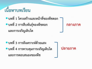 เนื้อหาบทเรียน
บทที่ 1 โครงสร้างและหน้าที่ของพืชดอก
บทที่ 2 การสืบพันธุ์ของพืชดอก
และการเจริญเติบโต
บทที่ 3 การสังเคราะห์ด้วยแสง
บทที่ 4 การควบคุมการเจริญเติบโต
และการตอบสนองของพืช
กลางภาค
ปลายภาค
 