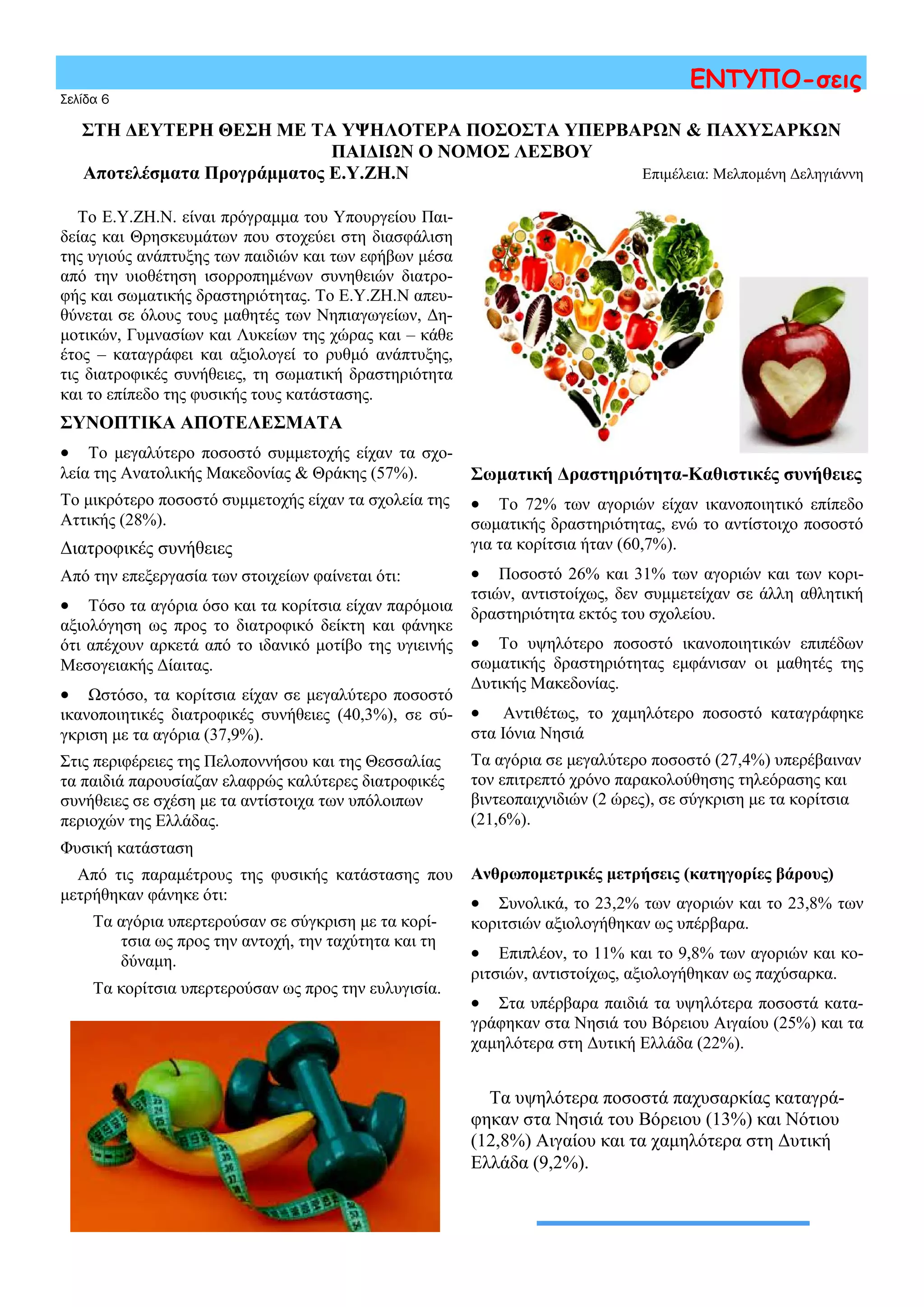 Το Ε.Υ.ΖΗ.Ν. είναι πρόγραμμα του Υπουργείου Παι-
δείας και Θρησκευμάτων που στοχεύει στη διασφάλιση
της υγιούς ανάπτυξης των παιδιών και των εφήβων μέσα
από την υιοθέτηση ισορροπημένων συνηθειών διατρο-
φής και σωματικής δραστηριότητας. Το Ε.Υ.ΖΗ.Ν απευ-
θύνεται σε όλους τους μαθητές των Νηπιαγωγείων, Δη-
μοτικών, Γυμνασίων και Λυκείων της χώρας και – κάθε
έτος – καταγράφει και αξιολογεί το ρυθμό ανάπτυξης,
τις διατροφικές συνήθειες, τη σωματική δραστηριότητα
και το επίπεδο της φυσικής τους κατάστασης.
ΣΥΝΟΠΤΙΚΑ ΑΠΟΤΕΛΕΣΜΑΤΑ
 Το μεγαλύτερο ποσοστό συμμετοχής είχαν τα σχο-
λεία της Ανατολικής Μακεδονίας & Θράκης (57%).
Το μικρότερο ποσοστό συμμετοχής είχαν τα σχολεία της
Αττικής (28%).
Διατροφικές συνήθειες
Από την επεξεργασία των στοιχείων φαίνεται ότι:
 Τόσο τα αγόρια όσο και τα κορίτσια είχαν παρόμοια
αξιολόγηση ως προς το διατροφικό δείκτη και φάνηκε
ότι απέχουν αρκετά από το ιδανικό μοτίβο της υγιεινής
Μεσογειακής Δίαιτας.
 Ωστόσο, τα κορίτσια είχαν σε μεγαλύτερο ποσοστό
ικανοποιητικές διατροφικές συνήθειες (40,3%), σε σύ-
γκριση με τα αγόρια (37,9%).
Στις περιφέρειες της Πελοποννήσου και της Θεσσαλίας
τα παιδιά παρουσίαζαν ελαφρώς καλύτερες διατροφικές
συνήθειες σε σχέση με τα αντίστοιχα των υπόλοιπων
περιοχών της Ελλάδας.
Φυσική κατάσταση
Από τις παραμέτρους της φυσικής κατάστασης που
μετρήθηκαν φάνηκε ότι:
Τα αγόρια υπερτερούσαν σε σύγκριση με τα κορί-
τσια ως προς την αντοχή, την ταχύτητα και τη
δύναμη.
Τα κορίτσια υπερτερούσαν ως προς την ευλυγισία.
Σωματική Δραστηριότητα-Καθιστικές συνήθειες
 Το 72% των αγοριών είχαν ικανοποιητικό επίπεδο
σωματικής δραστηριότητας, ενώ το αντίστοιχο ποσοστό
για τα κορίτσια ήταν (60,7%).
 Ποσοστό 26% και 31% των αγοριών και των κορι-
τσιών, αντιστοίχως, δεν συμμετείχαν σε άλλη αθλητική
δραστηριότητα εκτός του σχολείου.
 Το υψηλότερο ποσοστό ικανοποιητικών επιπέδων
σωματικής δραστηριότητας εμφάνισαν οι μαθητές της
Δυτικής Μακεδονίας.
 Αντιθέτως, το χαμηλότερο ποσοστό καταγράφηκε
στα Ιόνια Νησιά
Τα αγόρια σε μεγαλύτερο ποσοστό (27,4%) υπερέβαιναν
τον επιτρεπτό χρόνο παρακολούθησης τηλεόρασης και
βιντεοπαιχνιδιών (2 ώρες), σε σύγκριση με τα κορίτσια
(21,6%).
Ανθρωπομετρικές μετρήσεις (κατηγορίες βάρους)
 Συνολικά, το 23,2% των αγοριών και το 23,8% των
κοριτσιών αξιολογήθηκαν ως υπέρβαρα.
 Επιπλέον, το 11% και το 9,8% των αγοριών και κο-
ριτσιών, αντιστοίχως, αξιολογήθηκαν ως παχύσαρκα.
 Στα υπέρβαρα παιδιά τα υψηλότερα ποσοστά κατα-
γράφηκαν στα Νησιά του Βόρειου Αιγαίου (25%) και τα
χαμηλότερα στη Δυτική Ελλάδα (22%).
Τα υψηλότερα ποσοστά παχυσαρκίας καταγρά-
φηκαν στα Νησιά του Βόρειου (13%) και Νότιου
(12,8%) Αιγαίου και τα χαμηλότερα στη Δυτική
Ελλάδα (9,2%).
Σελίδα 6
ΕΝΤΥΠΟ-σεις
ΣΤΗ ΔΕΥΤΕΡΗ ΘΕΣΗ ΜΕ ΤΑ ΥΨΗΛΟΤΕΡΑ ΠΟΣΟΣΤΑ ΥΠΕΡΒΑΡΩΝ & ΠΑΧΥΣΑΡΚΩΝ
ΠΑΙΔΙΩΝ Ο ΝΟΜΟΣ ΛΕΣΒΟΥ
Αποτελέσματα Προγράμματος Ε.Υ.ΖΗ.Ν Επιμέλεια: Μελπομένη Δεληγιάννη
 