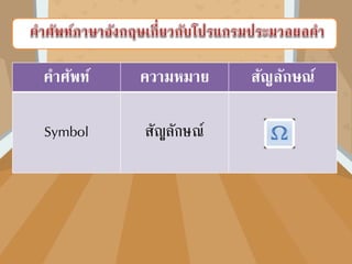 คำศัพท์ ควำมหมำย สัญลักษณ์
Symbol สัญลักษณ์
 