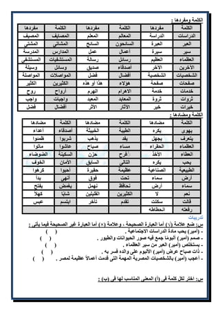 الكلمة ومفردها : 
الكلمة مفردها الكلمة مفردها الكلمة مفردها 
الدراسات الدراسة المعالم المعلم المصايف المصيف 
العبر العبرة السائحون السائح المشاتى المشتى 
سير سيرة أعمال عمل المدارس المدرسة 
العظماء العظيم رسائل رسالة المستشفيات المستشفى 
الآخرين الآخر أصدقاء صديق وسائل وسيلة 
الشخصيات الشخصية أفضال فضل المواصلات المواصلة 
صفحات صفحة هؤلاء هذا أو هذه الكثيرين الكثير 
خدمات خدمة الاهرام الهرم أرواح روح 
ثروات ثروة المعابد المعبد واجبات واجب 
خيرات خير الآثار الأثر أفضال فضل 
الكلمة ومضادها : 
الكلمة مضادها الكلمة مضادها الكلمة مضادها 
يهوى يكره الطيبة الخبيثة أصدقاء أعداء 
يتعرف يجهل يفد يذهب شربوا ظمئوا 
العظماء الحقراء مساء صباح عاشوا ماتوا 
العطاء الأخذ فُُرح حزن السكينة الضوضاء 
يحب يكره التالى السابق الأمان الخوف 
الطبيعية الصناعية عظيمة حقيرة أحبوا كرهوا 
أرض سماء تحت فوق أنهى بدأ 
سماء أرض نحافظ نهمل يغمض يفتح 
نعم لا الكثيرين القليلين شابًا كهلا قالت سكتت تقدم تأخر ابتسم عبس 
رفعته انحطاطه 
تدريبات 
أما العبارة غير الصحيحة فيما يأتى : )×( س: ضع علامة )√( أما العبارة الصحيحة ، وعلامة 
- )أمير( يحب مادة الدراسات الاجتماعية . ) ( 
- صمم )أمير( ألبومًا جمع فيه صور الحيوانات والطيور . ) ( 
- يستخلص )أمير( العبر من سير العظماء . ) ( 
- ذات صباح عرض )أمير( الألبوم على والده فسر به . ) ( 
- أعجب )أمير( بالشخصيات المصرية المهمة التى قدمت أعمالاً عظيمة لمصر . ) ( 
س: اختر لكل كلمة فى )أ( المعنى المناسب لها فى )ب( : 
 