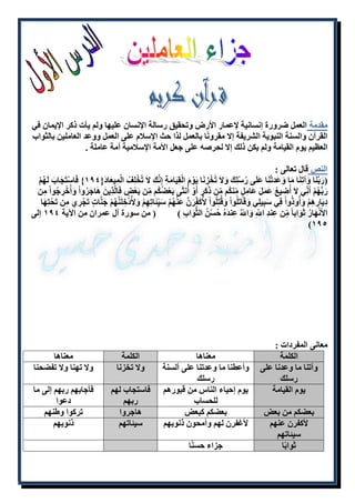 مقدمة العمل ضرورة إنسانية لإعمار الأرض وتحقيق رسالة الإنسان عليها ولم يأت ذكر الإيمان في 
القرآن والسنة النبوية الشريفة إلا مقرونًا بالعمل لذا حث الإسلام على العمل ووعد العاملين بالثواب 
العظيم يوم القيامة ولم يكن ذلك إلا لحرصه على جعل الأمة الإسلامية أمة عاملة . 
النص قال تعالى : 
)رَبَّنَا وَآتِنَا مَا وَعَدتَّنَا عَلَى رُسُلِكَ وَلاَ تُخْزِنَا يَوْمَ الْقِيَامَةِ إِنَّكَ لاَ تُخْلِفُ الْمِيعَادَ} ۱٤٩ { فَاسْتَجَابَ لَهُمْ 
رَبُّهُمْ أَن ي لا أُضِيعُ عَمَلَ عَامِلٍ منكُم من ذَكَرٍ أَوْ أُنثَى بَعْضُكُم من بَعْضٍ فَالَّذِينَ هَاجَرُواْ وَأُخْرِجُواْ مِن 
دِيَارِهِمْ وَأُوذُواْ فِي سَبِيلِي وَقَاتَلُواْ وَقُتِلُواْ لأُكَفِ رَنَّ عَنْهُمْ سَي ئَاتِهِمْ وَلأُدْخِلَنَّهُمْ جَنَّاتٍ تَجْرِ مِ ن تَحْتِهَا 
الأَنْهَارُ ثَوَابا من عِندِ ا للِّ وَا للُّ عِندَهُ حُسْنُ الثَّوَابِ ( ) من سورة آل عمران من الآية ۱٤٩ إلى 
)۱٤٩ 
معانى المفردات : 
الكلمة معناها الكلمة معناها 
وآتنا ما وعدنا على 
رسلك 
وأعطنا ما وعدتنا على ألسنة 
رسلك 
ولا تخزنا ولا تهنا ولا تفضحنا 
يوم القيامة يوم إحياء الناس من قبورهم 
للحساب 
فاستجاب لهم 
ربهم 
فأجابهم ربهم إلى ما 
دعوا 
بعضكم من بعض بعضكم كبعض هاجروا تركوا وطنهم 
لأكفرن عنهم 
سيئاتهم 
لأغفرن لهم وأمحون ذنوبهم سيئاتهم ذنوبهم 
ثوابًا جزاء حسنًا 
 