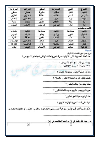 النجوع النجع المطهرات المطهر الجراثيم الجرثومة 
الكفور الكفر حظائر حظيرة مساقٍ مسقى 
الدواجن الداجن مخلفات مخلفة الخنازير الخنزير 
أنواع نوع كبار كبير المصابين المصاب 
بط بطة الأطفال الطفل نزلات نزلة 
إوز إوزة المرضى المريض الأماكن المكان 
الكلمة ومضادها : 
الكلمة مضادها الكلمة مضادها الكلمة مضادها 
استهل انتهى يرتدى يخلع الراكد الجارى 
حقًا كذبًا أضاف أنقص نظافة قذارة 
اختلاف اتفاق كبار صغار المصابين الأصحاء 
التالى السابق مخالطة عزل المزدحمة الفارغة 
نفوقها حياتها المرضى الأصحاء انتهاء ابتداء 
تدريبات 
س: أجب عن الأسئلة الآتية : 
- ما العادة المصرية التى اختارتها أسرة )أمير( لمناقشتها فى الاجتماع الأسبوعى ؟ 
------------------------------------------------------- 
- بم استهل الأب الاجتماع الأسبوعى ؟-------------------------------- 
- لماذا يربى المصريون الدواجن ؟ 
------------------------------------------------------- 
- ما أثر إصابة الطيور بأنفلونزا الطيور ؟ 
------------------------------------------------------- 
- كيف تنتقل عدوى إنفلونزا الطيور للإنسان ؟ 
------------------------------------------------------- 
- ماذا يفعل من يخالط الطيور ؟ 
------------------------------------------------------- 
- من الذين يجب عليهم عدم مخالطة الطيور ؟ 
------------------------------------------------------- 
- ما الواجب علينا نحو الطيور ؟ 
------------------------------------------------------- 
- كيف نقى أنفسنا من إنفلونزا الخنازير ؟ 
------------------------------------------------------- 
- اذكر طريقة فكر فيها )أمير( لتوعية الناس حتى لا يصابون بلإنفلونزا الطيلور أو إنفللونزا الخنلازير 
؟ 
------------------------------------------------------ 
س: اختر لكل كلمة فى )أ( مرادفها المناسب فى )ب( : 
)أ( )ب( 
 
