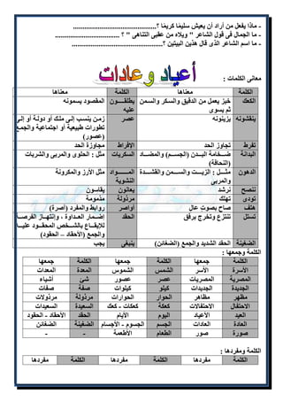 - ماذا يفعل من أراد أن يعيش سليمًا كريمًا ؟............................................ 
- ما الجمال فى قول الشاعر " ويلاه من عقبى التناهى " ؟ .................................. 
- ما اسم الشاعر الذى قال هذين البيتين ؟................................................ 
معانى الكلمات : 
الكلمة معناها الكلمة معناها 
الكعك خبز يعمل من الدقيق والسلكر والسلمن 
ثم يسوى 
يطلقللللللللون 
عليه 
المقصود يسمونه 
ينقشونه يزينونه عصر زمللن ينسللب إلللى ملللك أو دولللة أو إلللى 
تطورات طبيعية أو اجتماعية والجملع 
)عصور( 
تفرط تجاوز الحد الإفراط مجاوزة الحد 
البدانة ضللللخامة البللللدن )الجسللللم( والمضللللاد 
)النحافة( 
السكريات مثل : الحلوى والمربى والشربات 
الدهون مثللللللل : الزيللللللت والسللللللمن والقشللللللدة 
والمربى 
الملللللللللللواد 
النشوية 
مثل الأرز والمكرونة 
ننصح نرشد يعانون يقاسون 
تودى تهلك مرذولة مذمومة 
هتف صاح بصوتٍ عالٍ أواصر روابط والمفرد )آصرة( 
تستل تنتزع وتخرج برفق الحقد إضلللمار العلللداوة ، وإنتهلللاز الفرصلللة 
للإيقللللاع بالشللللخص المحقللللود عليلللله 
والجمع )الأحقاد – الحقود( 
الضغينة الحقد الشديد والجمع )الضغائن( ينبغى يجب 
الكلمة وجمعها : 
الكلمة جمعها الكلمة جمعها الكلمة جمعها 
الأسرة الأُسر الشمس الشموس المعدة المعدات 
المصرية المصريات عصر عصور شئ أشياء 
الجديدة الجديدات كيلو كيلوات صفة صفات 
مظهر مظاهر الحوار الحوارات مرذولة مرذولات 
الاحتفال الاحتفالات كعكة كعكات - كعك السعيدة السعيدات 
العيد الأعياد اليوم الأيام الحقد الأحقاد - الحقود 
العادة العادات الجسم الجسوم - الأجسام الضغينة الضغائن 
صورة صور الطعام الأطعمة - - 
الكلمة ومفردها : 
الكلمة مفردها الكلمة مفردها الكلمة مفردها 
 