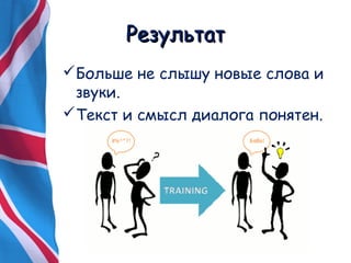 РРееззууллььттаатт 
Больше не слышу новые слова и 
звуки. 
Текст и смысл диалога понятен. 
 