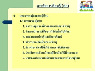 การจัดการเรียนรู้ (ต่อ)
4. บทบาทของผู้สอนและผู้เรียน
4.1บทบาทของผู้สอน
1. วิเคราะห์ผู้เรียน เพื่อวางแผนการจัดการเรียนรู้
2. กาหนดเป้ าหมายที่ต้องการให้เกิดขึ้นกับผู้เรียน
3. ออกแบบการเรียนรู้ และจัดการเรียนรู้
4. จัดบรรยากาศที่เอื้อต่อการเรียนรู้
5. จัด เตรียม เลือกใช้สื่อให้เหมาะสมกับกิจกรรม
6. ประเมินความก้าวหน้าของผู้เรียนด้วยวิธีที่หลากหลาย
7. นาผลการประเมินมาใช้สอนซ่อมเสริมและพัฒนาผู้เรียน
 