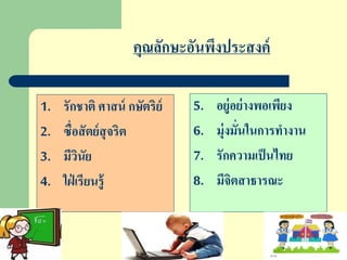 คุณลักษะอันพึงประสงค์
1. รักชาติ ศาสน์ กษัตริย์
2. ซื่อสัตย์สุจริต
3. มีวินัย
4. ใฝ่ เรียนรู้
5. อยู่อย่างพอเพียง
6. มุ่งมั่นในการทางาน
7. รักความเป็นไทย
8. มีจิตสาธารณะ
 