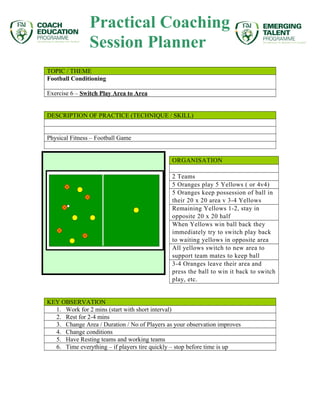 TOPIC / THEME
Football Conditioning
Exercise 6 – Switch Play Area to Area
DESCRIPTION OF PRACTICE (TECHNIQUE / SKILL)
Physical Fitness – Football Game
ORGANISATION
2 Teams
5 Oranges play 5 Yellows ( or 4v4)
5 Oranges keep possession of ball in
their 20 x 20 area v 3-4 Yellows
Remaining Yellows 1-2, stay in
opposite 20 x 20 half
When Yellows win ball back they
immediately try to switch play back
to waiting yellows in opposite area
All yellows switch to new area to
support team mates to keep ball
3-4 Oranges leave their area and
press the ball to win it back to switch
play, etc.
KEY OBSERVATION
1. Work for 2 mins (start with short interval)
2. Rest for 2-4 mins
3. Change Area / Duration / No of Players as your observation improves
4. Change conditions
5. Have Resting teams and working teams
6. Time everything – if players tire quickly – stop before time is up
Practical Coaching
Session Planner
 