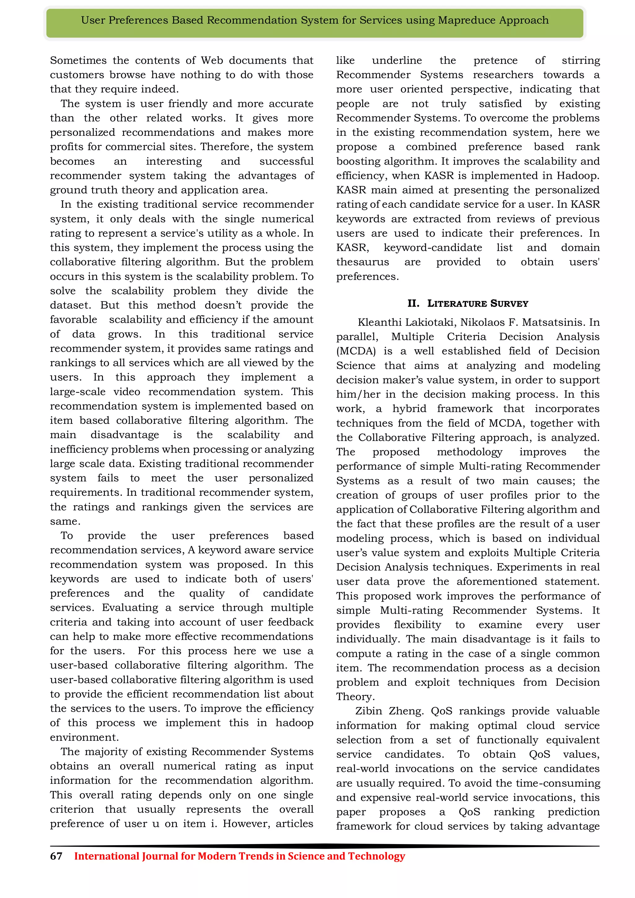 User Preferences Based Recommendation System for Services using ...