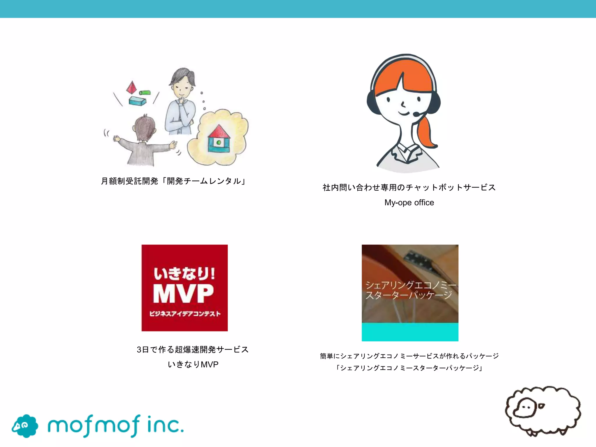 月額制受託開発「開発チームレンタル」
社内問い合わせ専用のチャットボットサービス
My-ope office
3日で作る超爆速開発サービス
いきなりMVP
簡単にシェアリングエコノミーサービスが作れるパッケージ
「シェアリングエコノミースターターパッケージ」
 