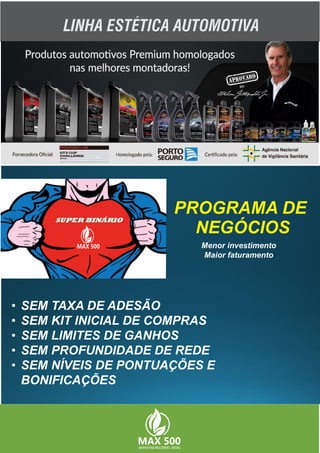 LINHA ESTÉTICA AUTOMOTIVA
MARKETING MULTINÍVEL SOCIALMARKETING MULTINÍVEL SOCIAL
PROGRAMA DE
NEGÓCIOS
 