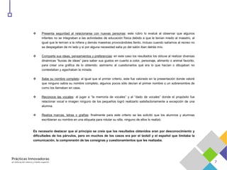  Presenta seguridad al relacionarse con nuevas personas: este rubro lo evalué al observar que algunos
infantes no se integraban a las actividades de educación física debido a que le tenían miedo al maestro, al
igual que le temían a la niñera y demás maestras provocándoles llanto, incluso cuando salíamos al recreo no
se despegaban de mi lado y si por alguna necesidad salía yo del salón iban detrás mío.
 Comparte sus ideas, pensamientos y preferencias: en este caso los resultados los obtuve al realizar diversas
dinámicas “lluvias de ideas” para saber sus gustos en cuanto a color, personaje, alimento o animal favorito,
para crear una gráfica de lo obtenido; asimismo al cuestionarlos qué era lo que hacían o dibujaban no
contestaban y agachaban la mirada.
 Sabe su nombre completo: al igual que el primer criterio, este fue valorado en la presentación donde valoré
que ninguno sabía su nombre completo, algunos pocos sólo decían el primer nombre o un sobrenombre de
como los llamaban en casa.
 Reconoce las vocales: al jugar a “la memoria de vocales” y al “dado de vocales” donde el propósito fue
relacionar vocal e imagen ninguno de los pequeños logró realizarlo satisfactoriamente a excepción de una
alumna.
 Realiza marcas, letras o grafías: finalmente para este criterio se les solicitó que los alumnos y alumnas
escribieran su nombre en una etiqueta para rotular su silla, ninguno de ellos lo realizó.
Es necesario destacar que al principio se creía que los resultados obtenidos eran por desconocimiento y
dificultades de los párvulos, pero en muchos de los casos era por el tzotzil y el español que limitaba la
comunicación, la comprensión de las consignas y cuestionamientos que les realizaba.
 