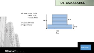 Book survey
Set back =Front 1.50m
=Back 3.0m
=2 sides 3.0m
25% soakable area
25% paved area
39’-0’
69’-0’
108’-0’
10th
floor
Standard . . . . .
FAR CALCULATION
 