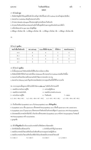 ม.5/1-5/2 โรงเรียนทิวไผ่งาม หน้า
ว40243
4
17. ข้อใดกล่าวถูก
1. ปัจจัยสาคัญที่ทาให้มนุษย์เป็นสัตว์ประเสริฐกว่าสัตว์อื่นเพราะมี Cerebrum ขนาดใหญ่และซับซ้อน
2. สมองส่วน Cerebellum จัดอยู่ในสมองส่วนท้าย
3. ส่วนของ Medulla oblongata เป็นสมองอยู่ตาแหน่งต้นของไขสันหลัง
4. ส่วนของไขสันหลังเริ่มจากสมองส่วนต้นไปสิ้นสุดที่บริเวณกระดูกสันหลังส่วนเอวข้อที่ 3
5. เหยี่ยวมีสมองส่วน optic lobe เจริญดีที่สุด
ก. มีข้อถูก 3 ข้อ ผิด 2 ข้อ ข. มีข้อถูก 4 ข้อ ผิด 1 ข้อ ค. มีข้อถูก 2 ข้อ ผิด 3 ข้อ ง. มีข้อถูก 1 ข้อ ผิด 4 ข้อ
18.
ข้อใดกล่าวถูกต้อง
พบน้าเลี้ยงไขสันหลัง พบ cell body Axon ที่มีเยื่อ Myelin เนื้อสีขาว พบแต่ Dendrite
ก. 6 8 4 7 5
ข. 1 8 6 5 7
ค. 6 5 4 4 8
ง. 1 8 5 6 3
19. ข้อใดกล่าวถูกต้อง
ก. น้าเลี้ยงสมองและไขสันหลังมีหน้าที่ป้องกันการเกิดอาการช็อค
ข. ปัจจัยหนึ่งที่ทาให้เกิดโรคความจาเสื่อม (Alzheimer) คือ สมองส่วน Cerebrum ขาดเลือดไปเลี้ยง
ค. สมองส่วนท้ายจะมีขนาดเล็กลงตามลาดับวิวัฒนาการของปลา กบ หนู
ง. สมองส่วน Olfactory bulb ถ้าถูกทาลายจะมีผลต่อการควบคุมกล้ามเนื้อที่ใช้ในการหายใจ
20. การกระตุกขาเมื่อถูกเคาะที่หัวเข่าเป็นไปตาม reflex arc ในข้อใด ถ้ากาหนดให้
1 = เซลล์ประสาทรับความรู้สึก 2 = หน่วยปฏิบัติงาน
3 = เซลล์ประสาทนาคาสั่ง 4 = เซลล์ประสาทประสานงาน
5 = หน่วยรับความรู้สึก 6 = ไขสันหลัง 7 = สมอง
ก. 5  1  6  3 ข. 5  1  4  7  2 ค. 5  1  3  2 ง. 5  1  6  7 2
21. ถ้าเปรียบเทียบ Sympathetic nerve กับ Parasympathetic nerve ข้อใดถูกต้อง
ก. Sympathetic nerve เป็น spinal nerve ทั้งหมดแต่ Parasympathetic nerve เป็นทั้ง spinal nerve และ cranial nerve
ข. Sympathetic nerve มี spinal nerve ที่ออกมาจากไขสันหลังในตาแหน่งที่สูงกว่า spinal nerve ของ Parasympathetic
ค. ปลายเซลล์ประสาทนาคาสั่งตัวที่ 2 กับอวัยวะเป้าหมายของ Sympathetic nerve หลั่งสาร Norepinephrine ในขณะที่
ของ Parasympathetic หลั่ง Acetylcholine
ง. ถูกทุกข้อ
22. ข้อใดไม่ถูกต้องเกี่ยวกับระบบประสาทอัตโนวัติชนิดพาราซิมพาเทติก
1. นาคาสั่งยับยั้งกรเต้นของหัวใจ 2. นาคาสั่งมาทาให้รูม่านตาขยาย
3. เซลล์ประสาทหลังไซแนปส์หลั่งนอร์เอพิเนฟรินมาควบคุมหน่วยปฏิบัติงาน
4. เซลล์ประสาทก่อนไซแนปส์หลั่งแอซิติลโคลีนมายังเซลล์ประสาทหลังไซแนปส์
ก. 1 และ 2 ข. 1 และ 3 ค. 2 และ 3 ง. 1 ,2 และ 4
 