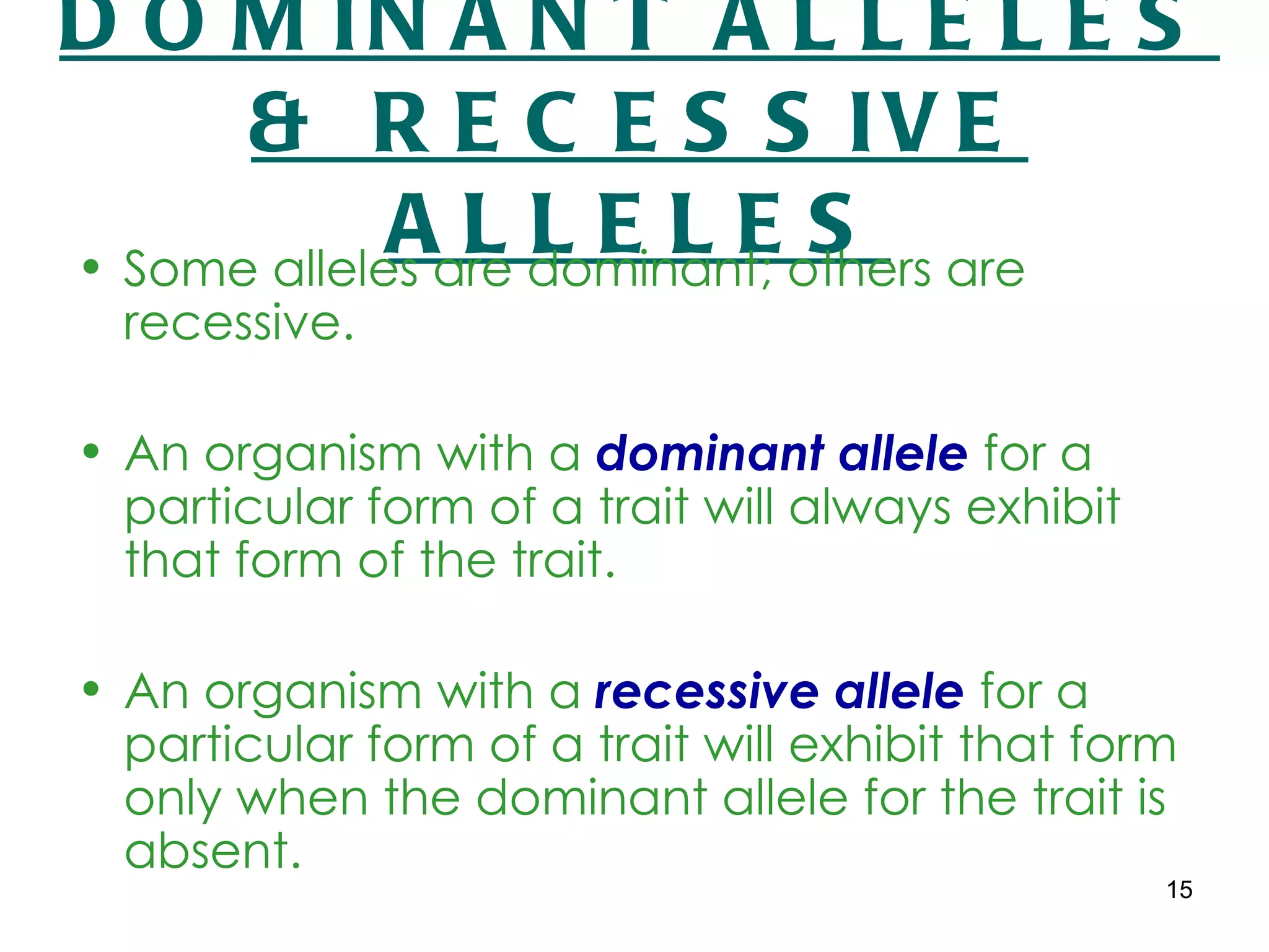 D O M IN A N T A L L E L E S
      & R E C E S S IV E
             Aare dominant; others are
• Some alleles
               LLELES
  recessive.

• An organism with a dominant allele for a
  particular form of a trait will always exhibit
  that form of the trait.

• An organism with a recessive allele for a
  particular form of a trait will exhibit that form
  only when the dominant allele for the trait is
  absent.
                                                   15
 