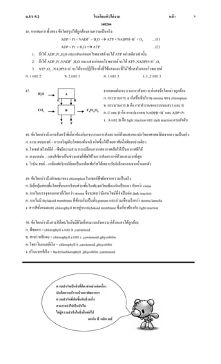 ม.5/1-5/2 โรงเรียนทิวไผ่งาม หน้า
ว40244
9
46. จากสมการทั้งสอง ข้อใดสรุปได้ถูกต้องตามความเป็นจริง
ADP + Pi + NADP+
+ H2O  ATP + NADPH+H+
+ O2 …(1)
ADP + Pi + H2O  ATP …(2)
1. ถ้าให้ ADP ,Pi ,H2O และแสงแก่คลอโรพลาสต์จะได้ATP อย่างเดียวเท่านั้น
2. ถ้าให้ ADP ,Pi ,NADP+
,H2Oและแสงแก่คลอโรพลาสต์จะได้ATP ,NADPH+H+
,O2
3. ATP ,O2 , NADPH+H+
จะได้จากปฏิกิริยาทั้งที่ใช้แสงและที่ไม่ใช้แสงในคลอโรพลาสต์
ก. 1 และ 2 ข. 2 และ 3 ค. 1 และ 3 ง. 1 ,2 และ 3
47. จากแผนผังกระบวนการสังเคราะห์แสงข้อใดกล่าวถูกต้อง
ก. กระบวนการ A เกิดขึ้นที่บริเวณstroma ของ chloroplast
ข. กระบวนการ B คือ การทางานของระบบแสง I และ II
ค. C และ D คือ สารประกอบ NADPH+H+
และ ADP+Pi
ง. A และ B คือ light reaction และ dark reaction ตามลาดับ
48. ข้อใดกล่าวถึงการค้นคว้าที่เกี่ยวข้องกับกระบวนการสังเคราะห์ด้วยแสงของนักวิทยาศาสตร์ผิดจากความเป็นจริง
ก. แวน เฮลมองท์ – การเจริญเติบโตของต้นหลิวเกิดขึ้นได้โดยอาศัยน้าเพียงอย่างเดียว
ข. โจเซฟ พริสต์ลีย์– พืชมีความสามารถเปลี่ยนอากาศอากาศเสียให้เป็นอากาศดีได้
ค. เองเกลมัน –แสงสีเขียวเป็นช่วงแสงที่พืชใช้ในการสังเคราะห์ด้วยแสงมากที่สุด
ง. โรบิน ฮลล์ – เกลือเฟอริกเปลี่ยนเป็นเกลือเฟอรัสได้เพราะรับอิเล็กตรอนจากน้าแตกตัว
49. ข้อใดกล่าวถึงลักษณะของ chloroplast ในเซลล์พืชผิดจากความเป็นจริง
ก. มีเยื่อหุ้มสองชั้นโดยชั้นนอกเรียบส่วนชั้นในพับงอเรียงซ้อนกันเป็นแถว เรียกว่า cistae
ข. ภายในบรรจุของเหลวที่เรียกว่าstroma ซึ่งจะพบว่ามีเอนไซม์ที่จาเป็นต่อ dark reaction
ค. ภายในมี thylakoid membrane ที่ซ้อนกันเป็นตั้ง granum และส่วนเชื่อมเรียกว่า stroma lamella
ง. สารสีทั้งหมดและ chlorophyll จะอยู่บนthylakoid membrane ซึ่งเกี่ยวข้องกับ light reaction
50. ข้อใดกล่าวถึงสารสีที่พบในสิ่งมีชีวิตที่สามารถสังเคราะห์ด้วยแสงได้ถูกต้อง
ก. พืชดอก = chlorophyll a และ b ,carotenoid
ข. สาหร่ายสีแดง = chlorophyll a และ c ,carotenoid ,phycobilin
ค. ไซยาโนแบคทีเรีย = chlorophyll b ,carotenoid ,phycobilin
ง. กรีนแบคทีเรีย = bacteriochlorophyll ,phycobilin ,carotenoid
ความสาเร็จเป็นสิ่งที่ต้องทาอย่างต่อเนื่อง
มันคือความก้าวหน้าและพัฒนาการ
ความสาเร็จที่เกิดขึ้นกับสิ่งหนึ่ง
สามารถนาไปเป็นบันได
ไต่สู่ความสาเร็จในสิ่งอื่นต่อไป
จอห์น ซี. แม็กเวลล์
H2O A
B
C D
CO2 C6H12O6
E F
 