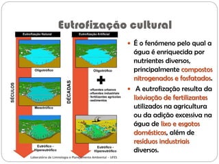 Eutrofização cultural
 É o fenómeno pelo qual a
água é enriquecida por
nutrientes diversos,
principalmente compostos
nitrogenados e fosfatados.
 A eutrofização resulta da
lixiviação de fertilizantes
utilizados na agricultura
ou da adição excessiva na
água de lixo e esgotos
domésticos, além de
resíduos industriais
diversos.
 