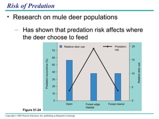 Risk of Predation Research on mule deer populations  Has shown that predation risk affects where the deer choose to feed Figure 51.24 70 60 40 30 20 10 0 Predation occurrence (%) 50 Relative deer use Relative deer use Predation risk Open Forest edge Habitat Forest interior 0 5 10 15 20 