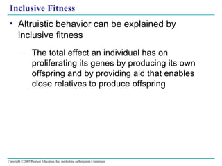 Inclusive Fitness Altruistic behavior can be explained by inclusive fitness The total effect an individual has on proliferating its genes by producing its own offspring and by providing aid that enables close relatives to produce offspring 