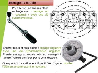Pour serrer une surface plane
rectangulaire : serrage en
« escargot » avec une clé
dynamométrique.
Encore mieux et plus précis : serrage angulaire
avec une clé dynamométrique angulaire.
Premier serrage au couple puis deux serrages à
l’angle (valeurs données par le constructeur).
Quelque soit la méthode utiliser il faut toujours lubrifier
l’élément à serrer avant le montage.
Serrage au couple :
 