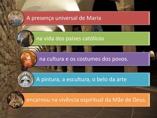 A presença universal de Maria 
na vida dos países católicos 
na cultura e os costumes dos povos. 
A pintura, a escultura, o belo da arte 
encarnou na vivência espiritual da Mãe de Deus. 
 